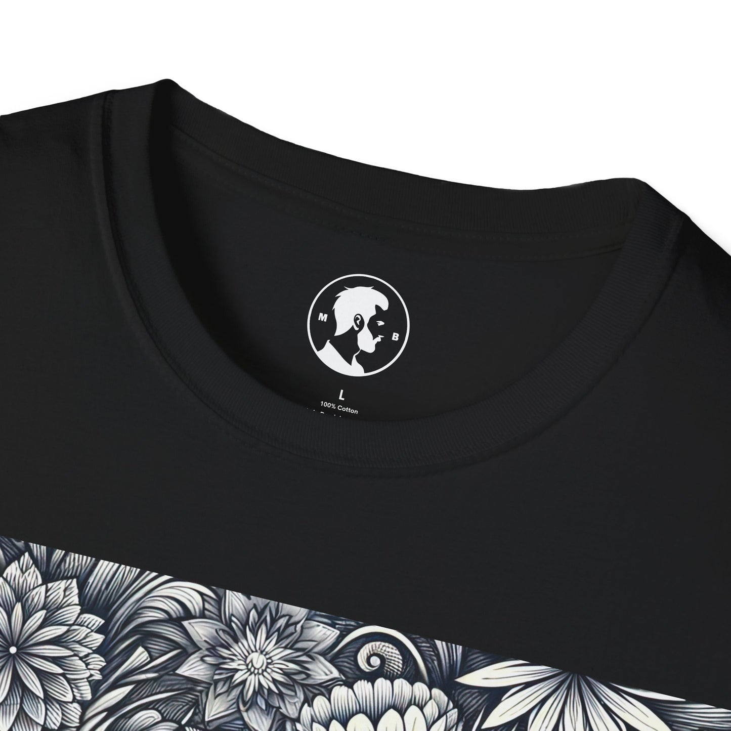 An artistic black crew neck t-shirt showcasing a dense floral design in black and white that covers the chest area above a plain black base