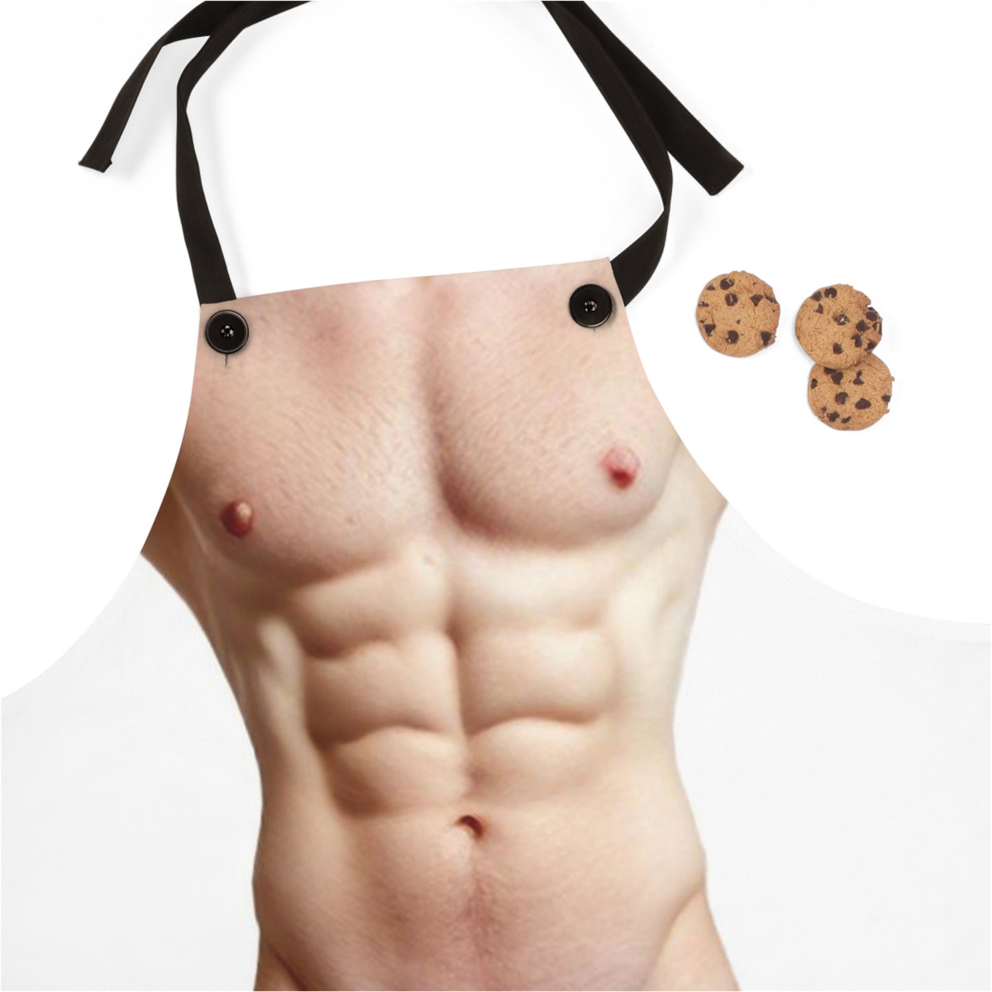 An apron designed to mimic a man's muscular upper body and lower torso, complete with a photographic print of blue striped briefs, typically used for a joke or party gag
