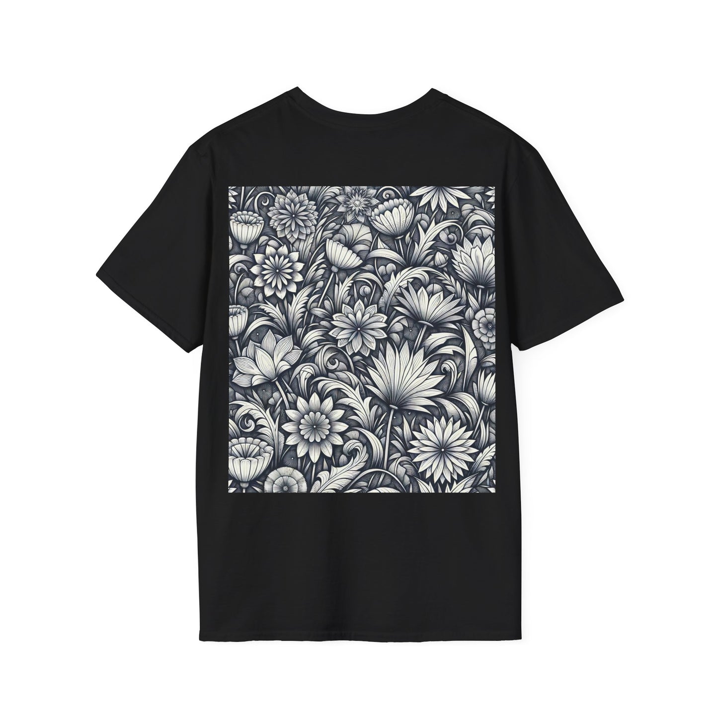 An artistic black crew neck t-shirt showcasing a dense floral design in black and white that covers the chest area above a plain black base