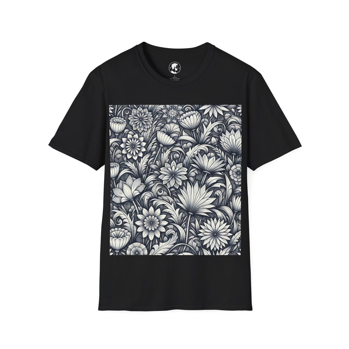 An artistic black crew neck t-shirt showcasing a dense floral design in black and white that covers the chest area above a plain black base
