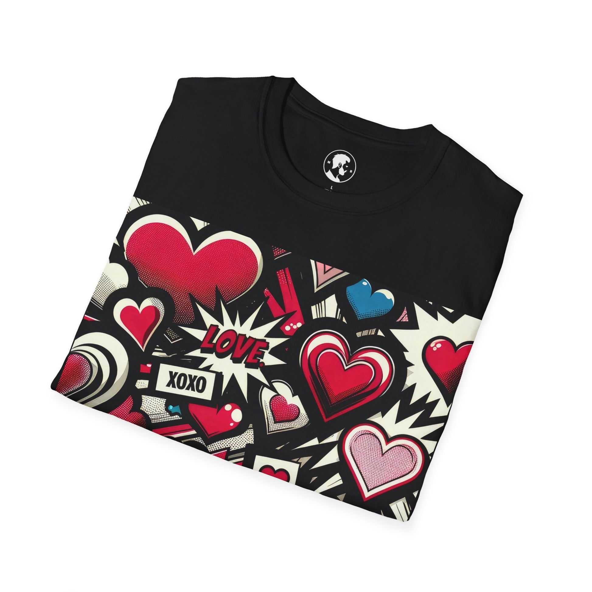 A red T-shirt with a graphic print of various hearts in different styles and sizes, along with the words "LOVE" and "XOXO" amidst starburst and striped patterns