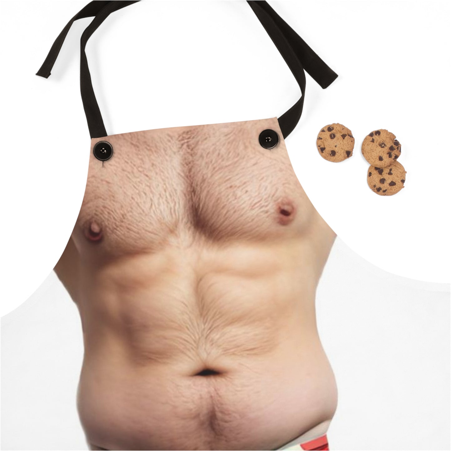 An apron printed with a realistic image of a male torso and underwear with a heart pattern