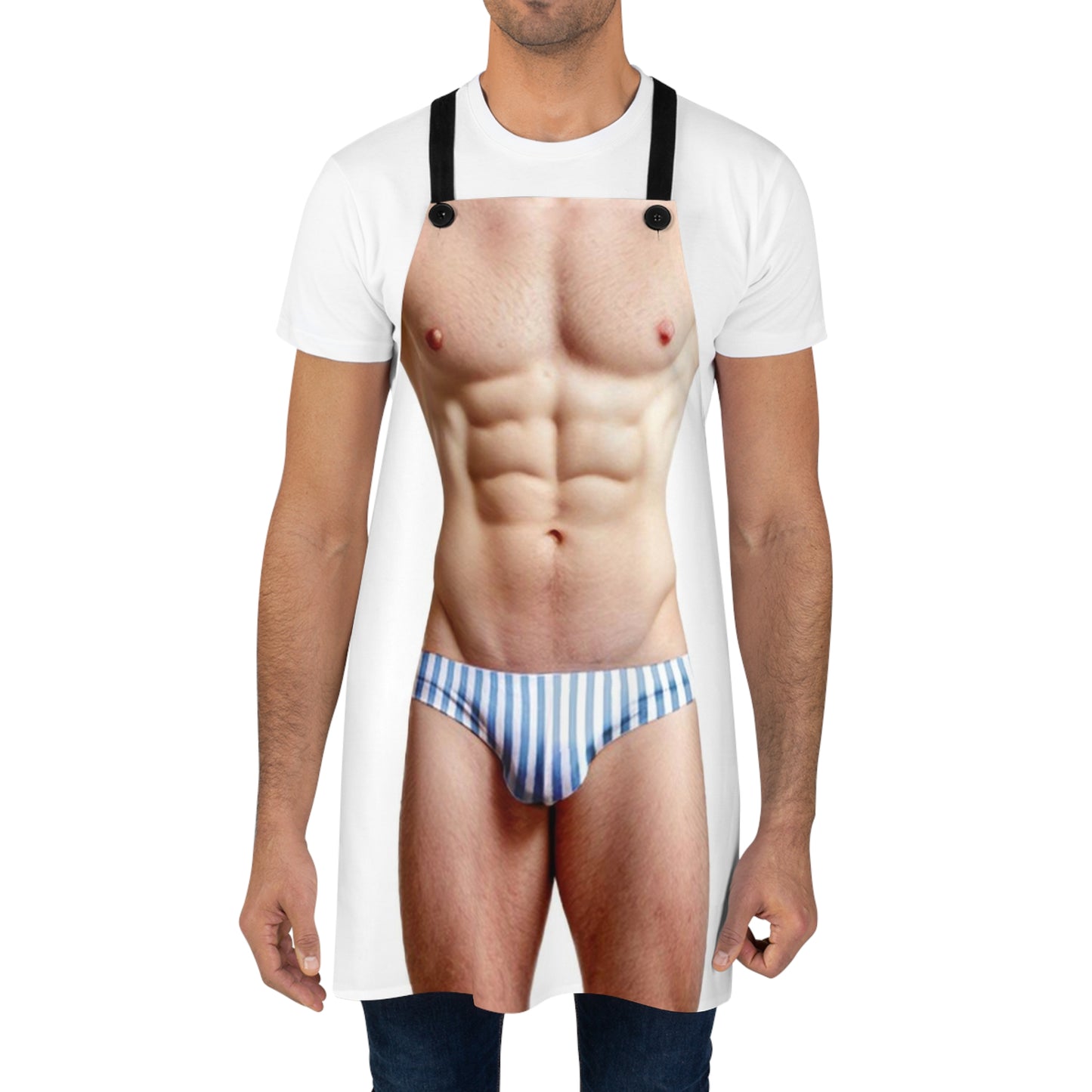 An apron designed to mimic a man's muscular upper body and lower torso, complete with a photographic print of blue striped briefs, typically used for a joke or party gag