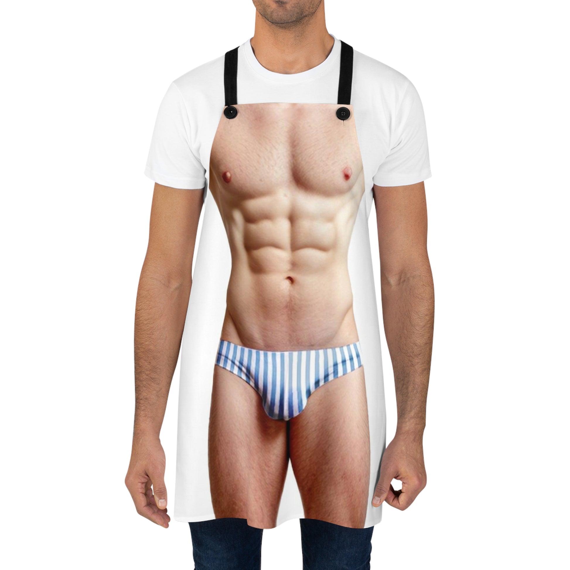 An apron designed to mimic a man's muscular upper body and lower torso, complete with a photographic print of blue striped briefs, typically used for a joke or party gag