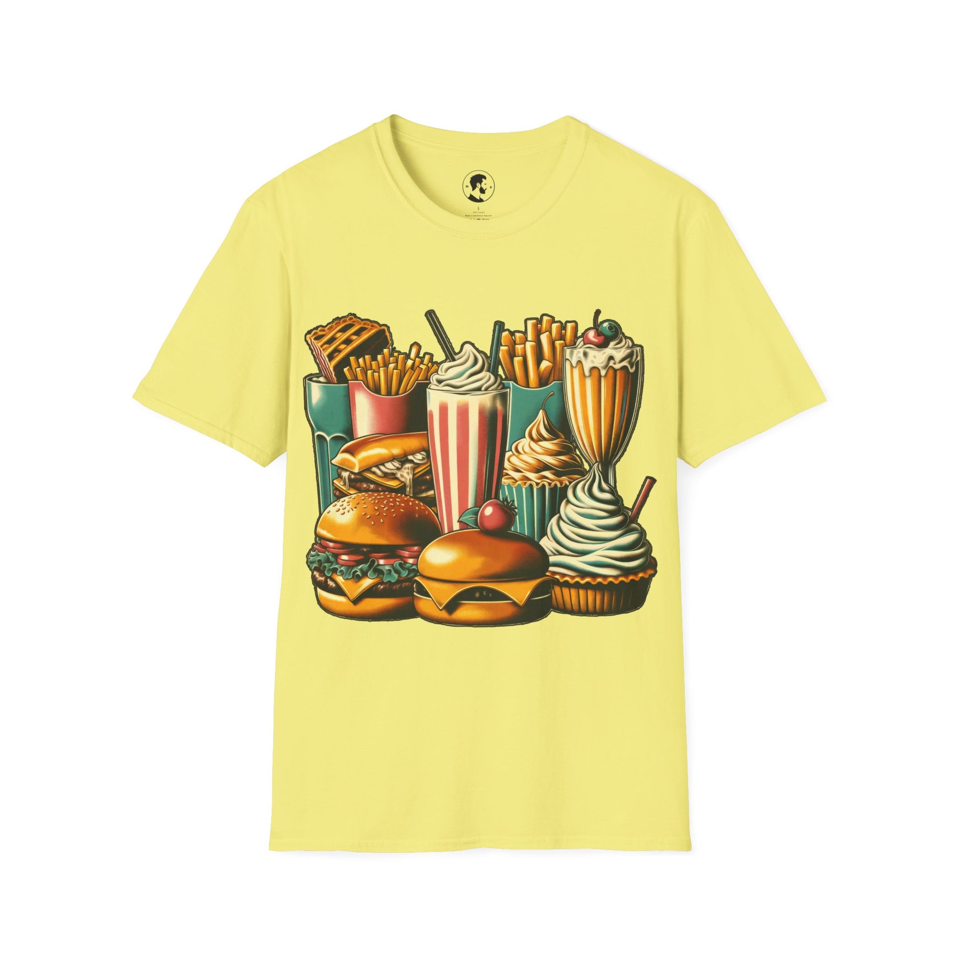 The image shows a T-shirt with a detailed graphic of various fast food items, including a burger, fries, a milkshake, and a cupcake