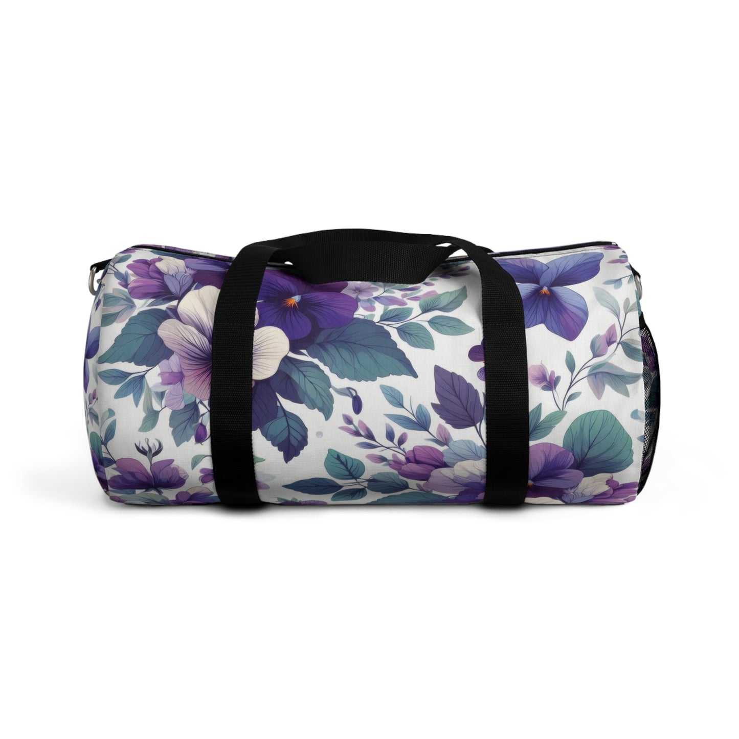 The image shows a cylindrical duffel bag with a floral pattern, featuring a variety of purple flowers and green leaves, complete with black straps for carrying