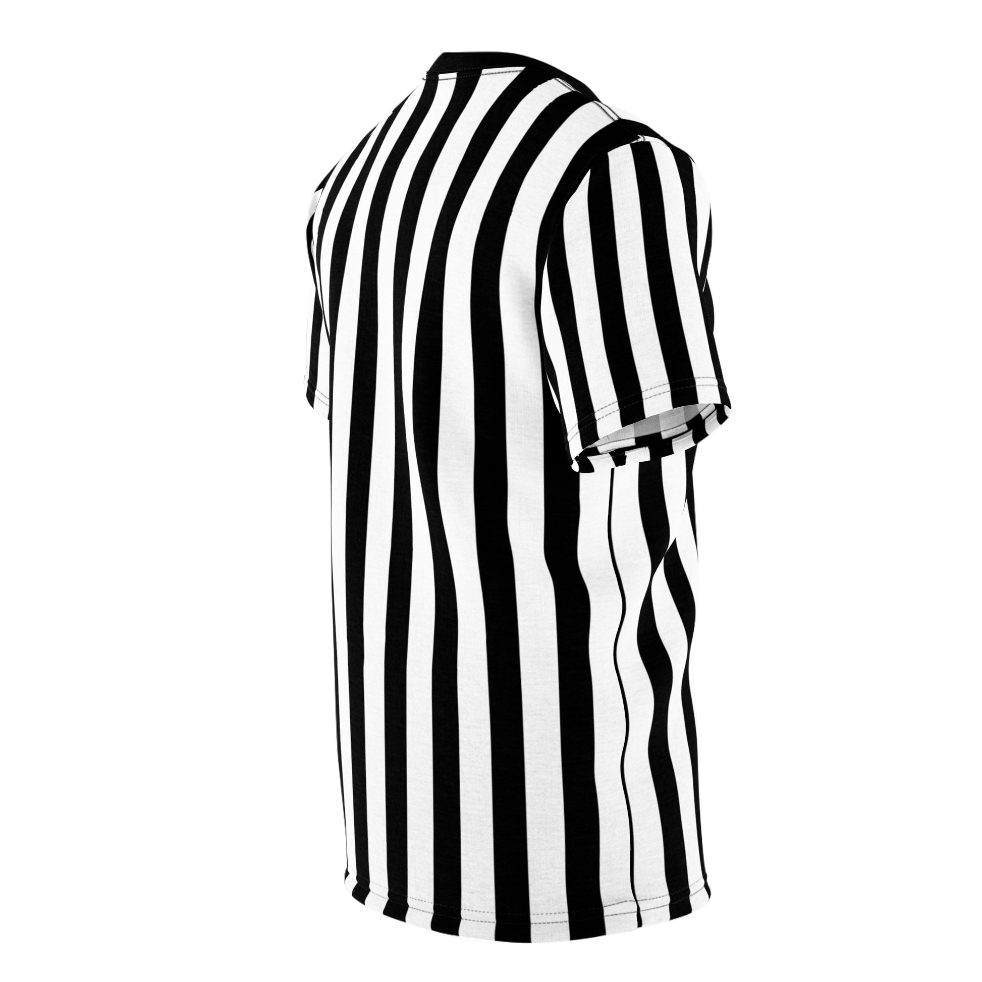 The image features a T-shirt with a bold black and white vertical striped pattern.