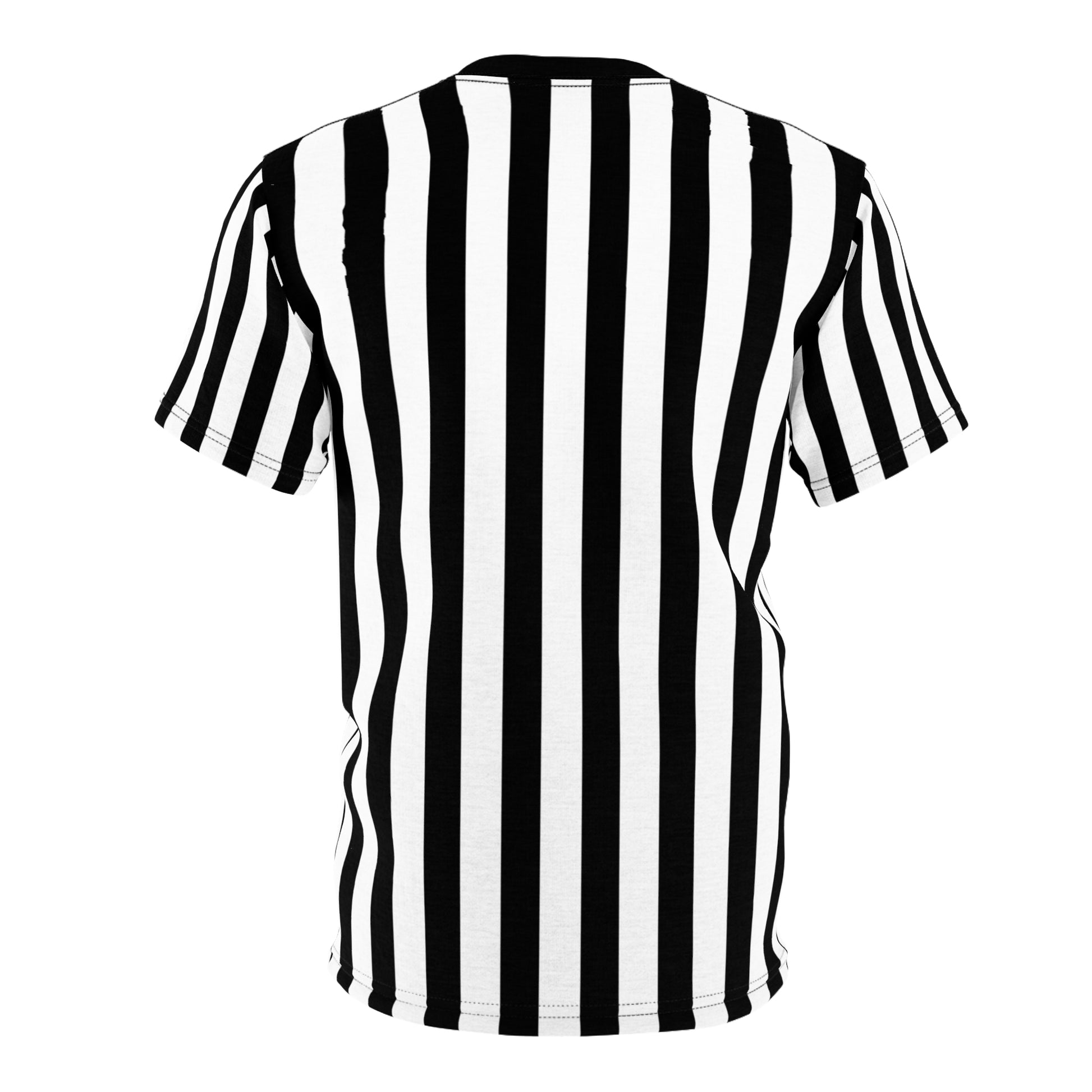The image features a T-shirt with a bold black and white vertical striped pattern.