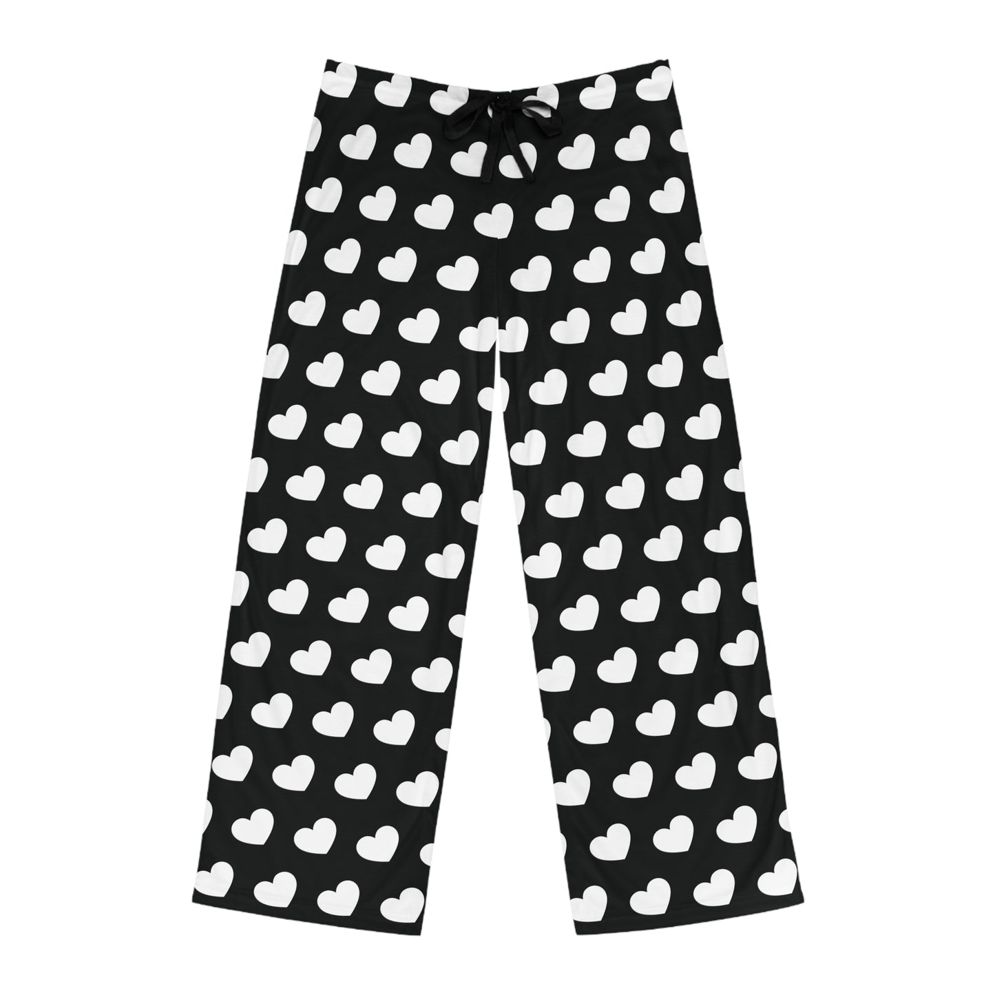 Black pajama pants with a white heart pattern and a drawstring waist.