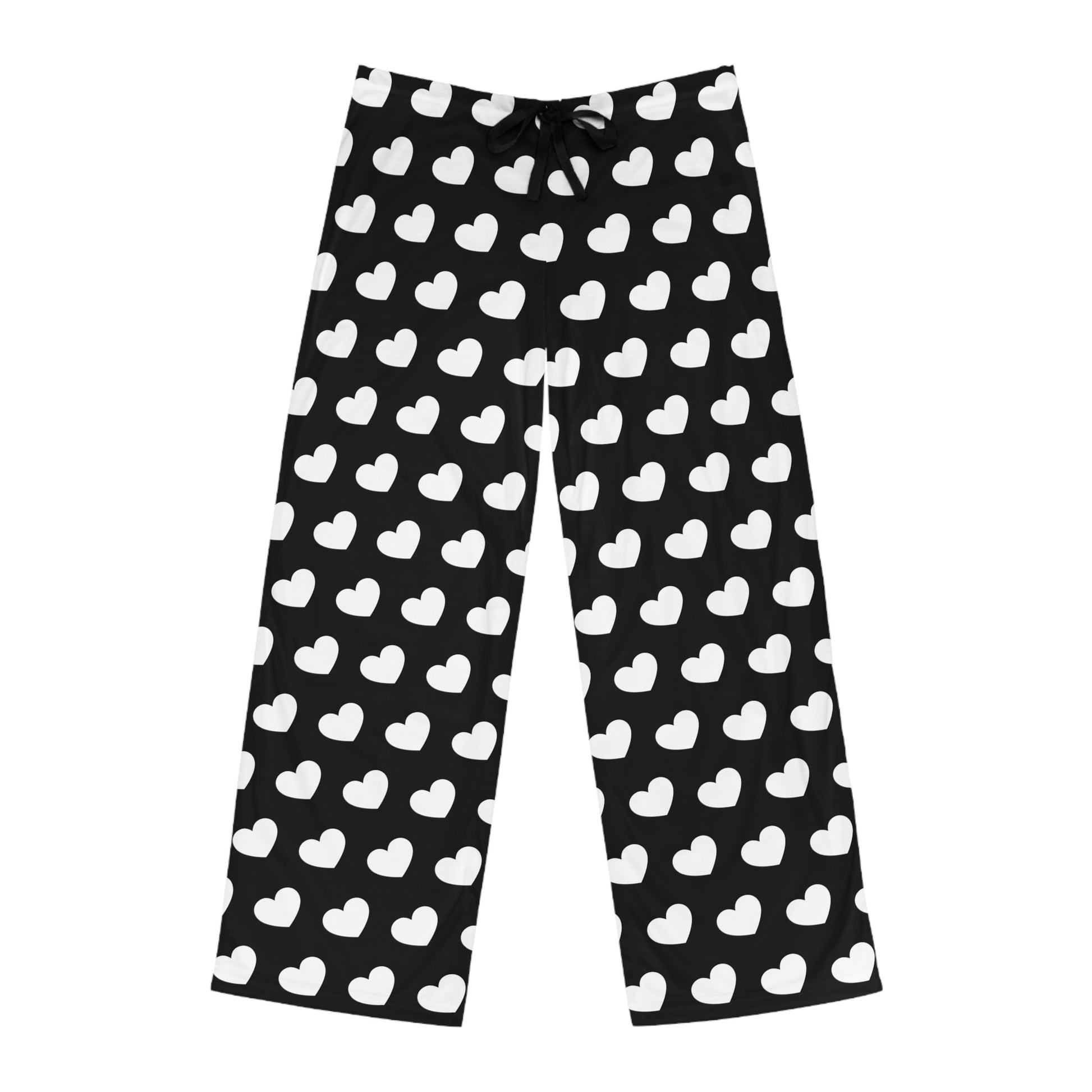 Black pajama pants with a white heart pattern and a drawstring waist.