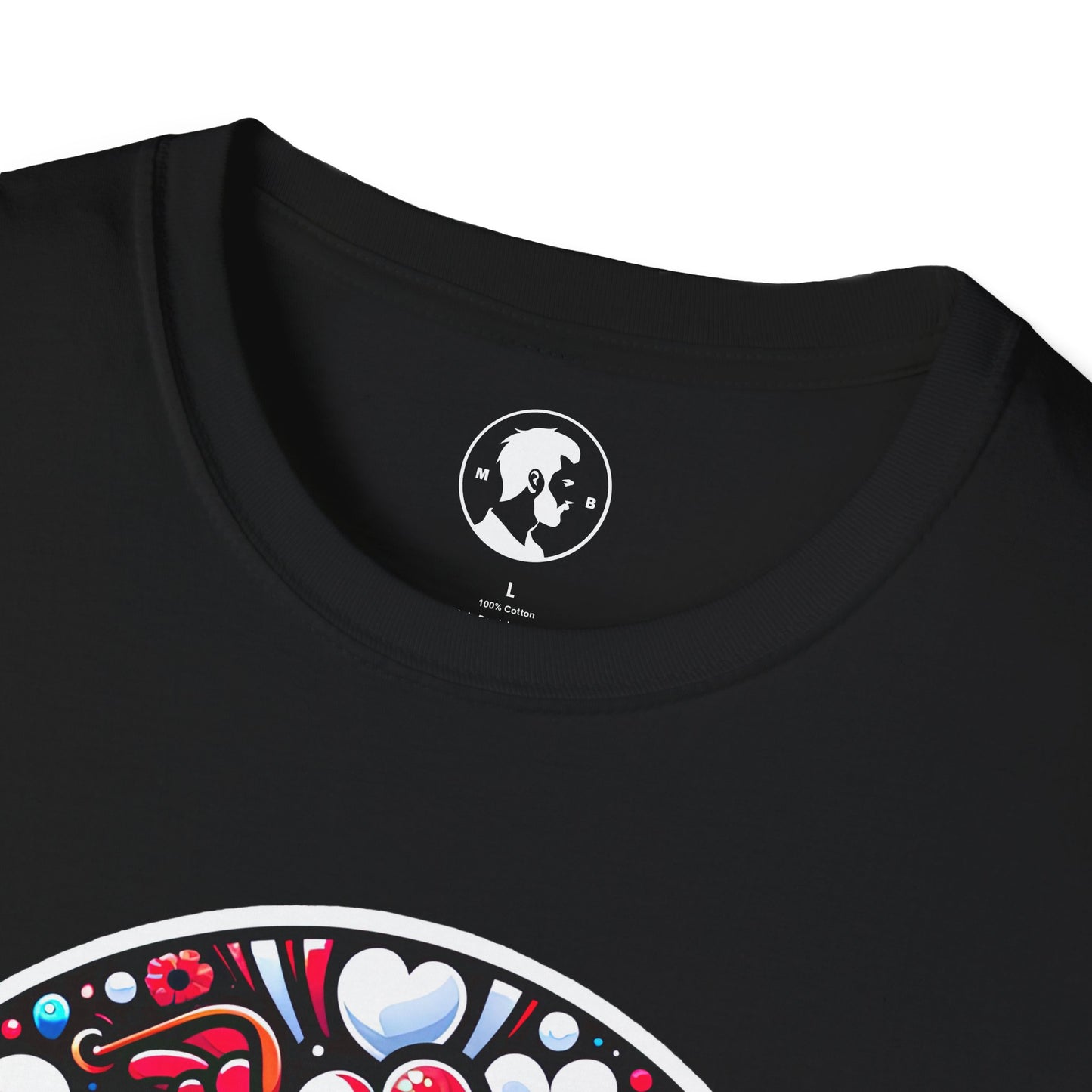 The image shows a T-shirt with a round, ornate graphic that reads "SINGLE AND AVAILABLE FOR VALENTINE'S," surrounded by heart and floral patterns