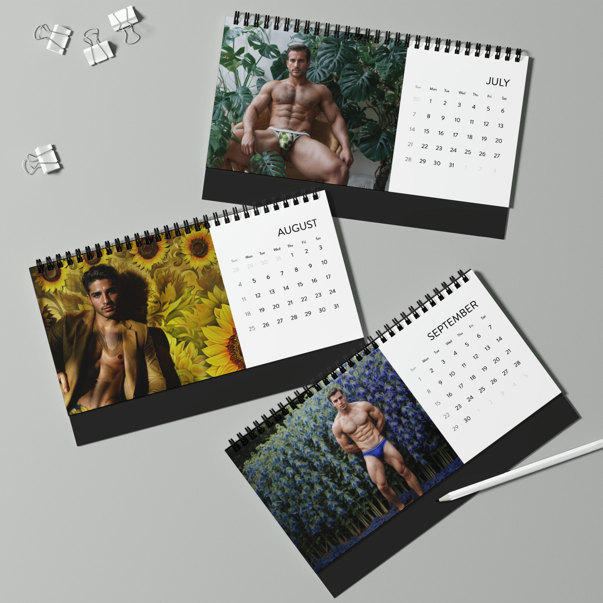 An image of three desk calendars for January, February, and March, each displaying a photograph of a muscular man posing in tropical settings