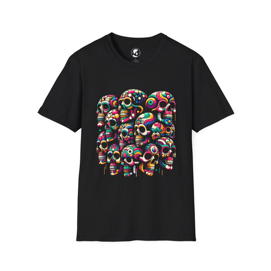 Pop Art Elegy: Colorful Skull Montage Tee