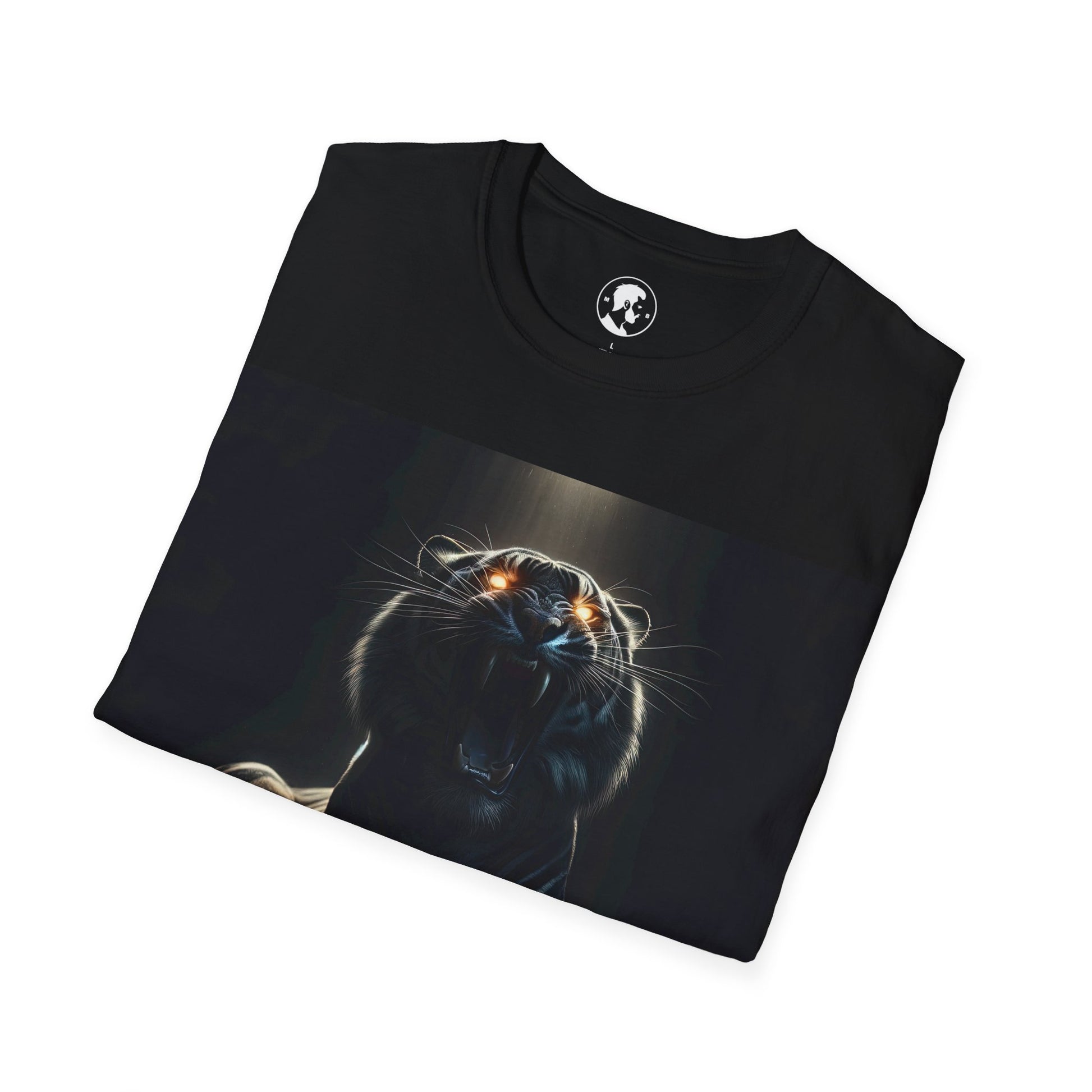 The image features a T-shirt with a central graphic of a roaring panther, highlighted by its glowing eyes