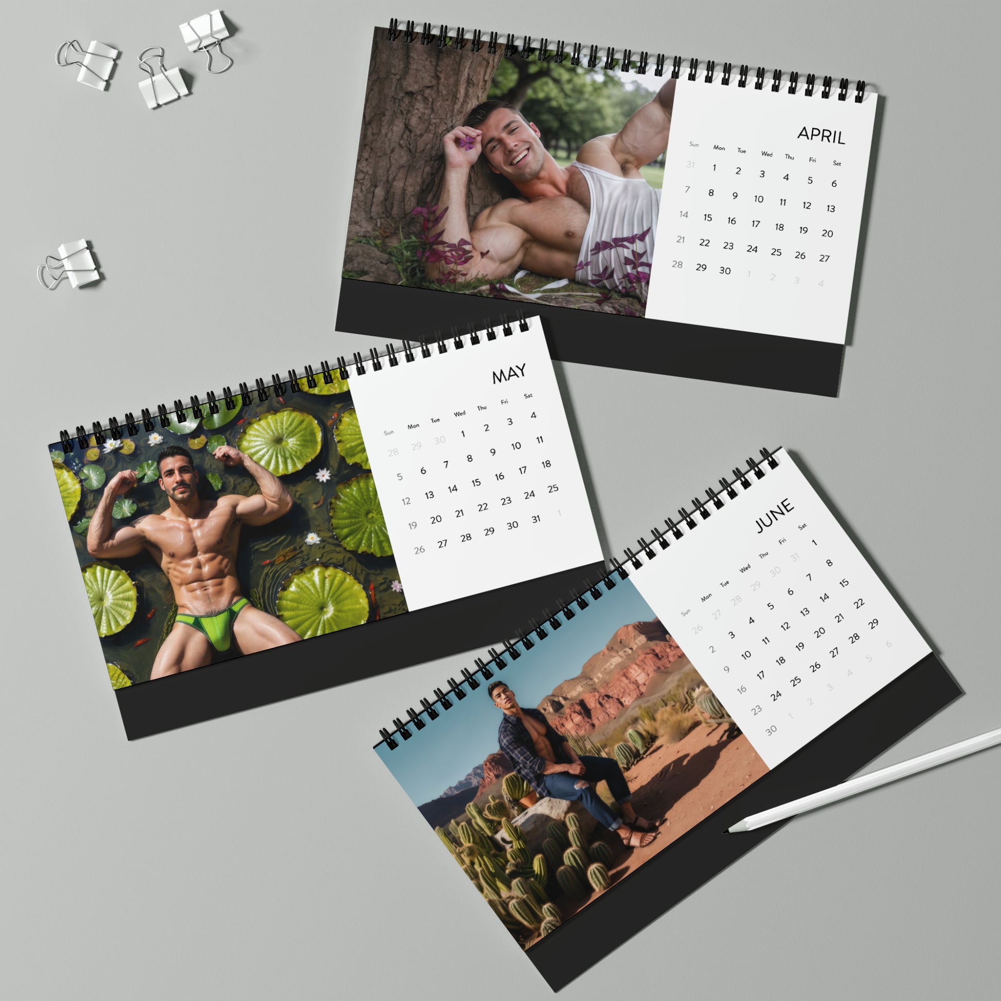 An image of three desk calendars for January, February, and March, each displaying a photograph of a muscular man posing in tropical settings