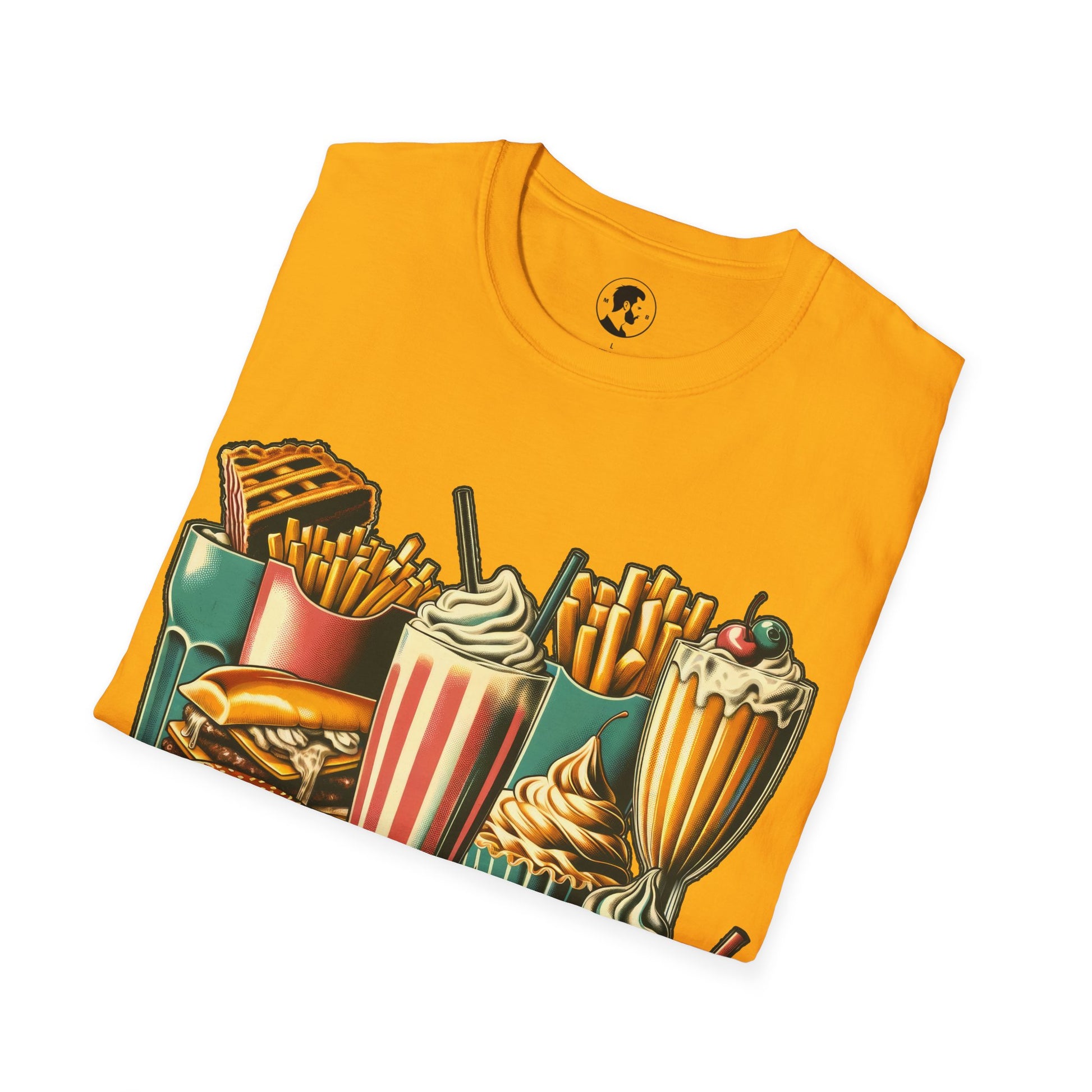 The image shows a T-shirt with a detailed graphic of various fast food items, including a burger, fries, a milkshake, and a cupcake