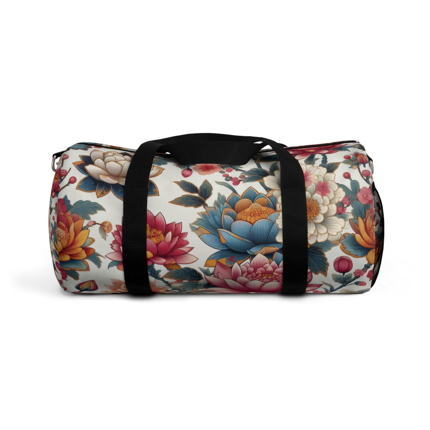 The image shows the Eternal Blossom Duffel Bag with flower print designs.