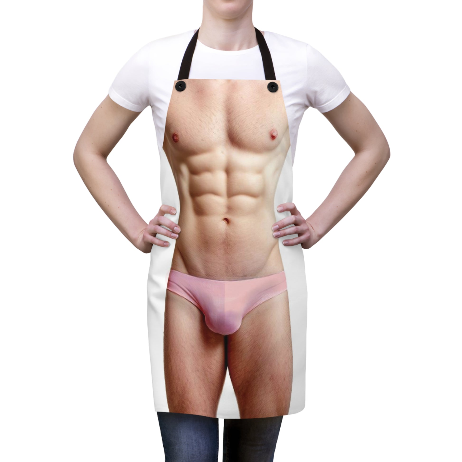 The image depicts a novelty apron with a printed graphic mimicking a male torso and underwear