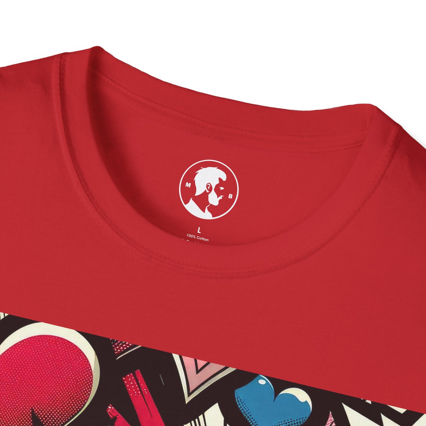 A red T-shirt with a graphic print of various hearts in different styles and sizes, along with the words "LOVE" and "XOXO" amidst starburst and striped patterns