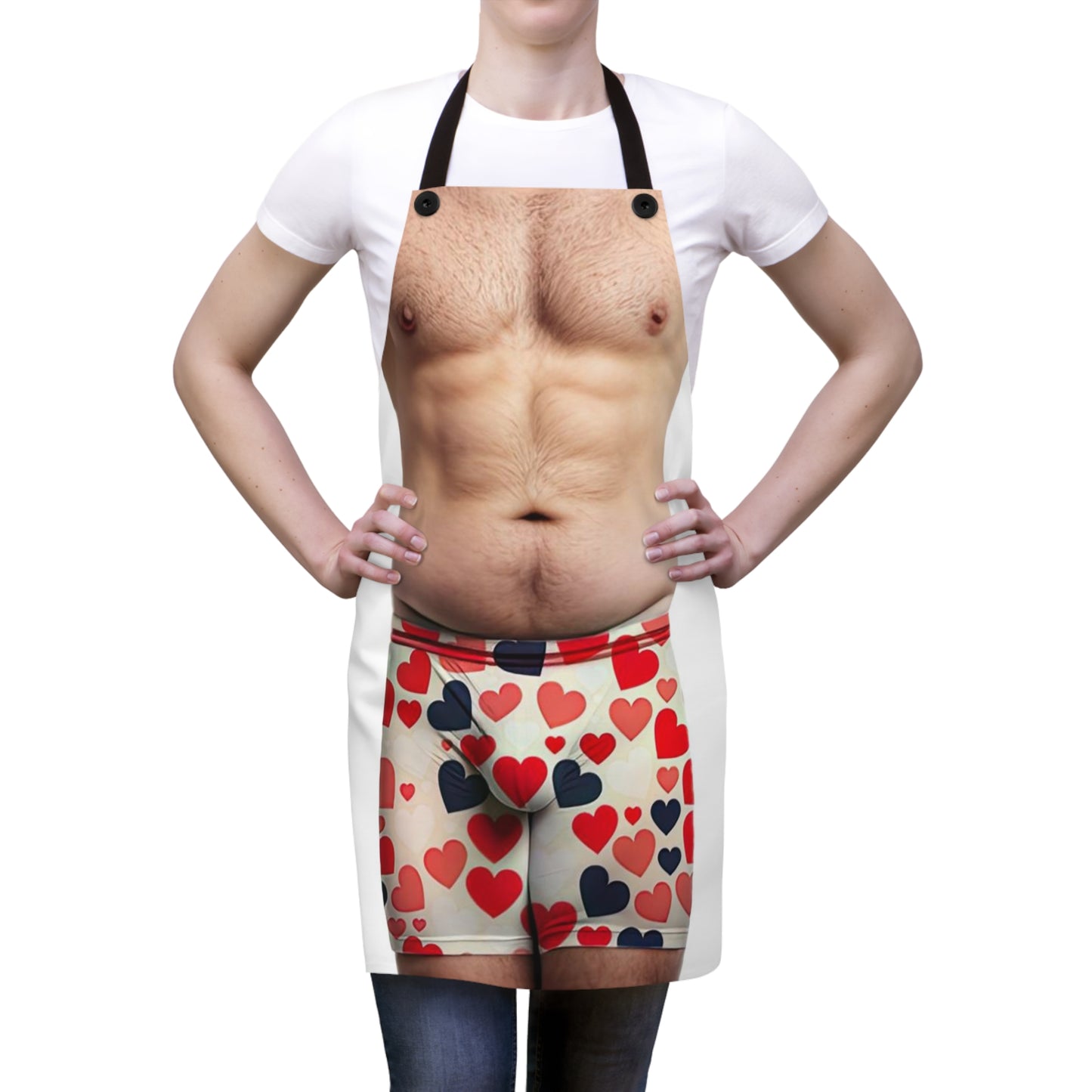 An apron printed with a realistic image of a male torso and underwear with a heart pattern