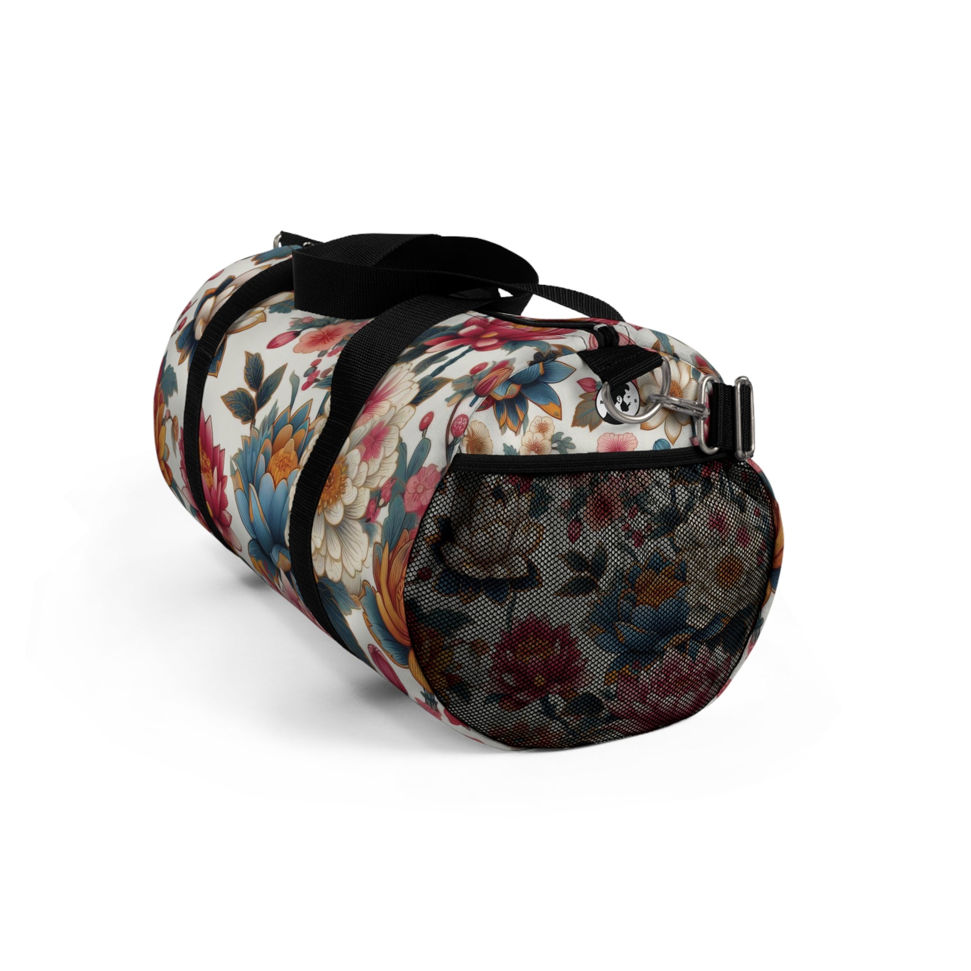 The image shows the Eternal Blossom Duffel Bag with flower print designs.