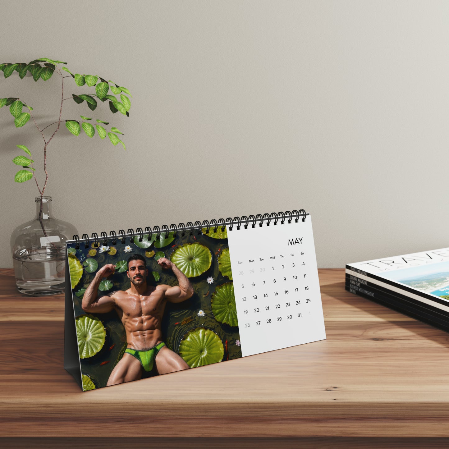 An image of three desk calendars for January, February, and March, each displaying a photograph of a muscular man posing in tropical settings