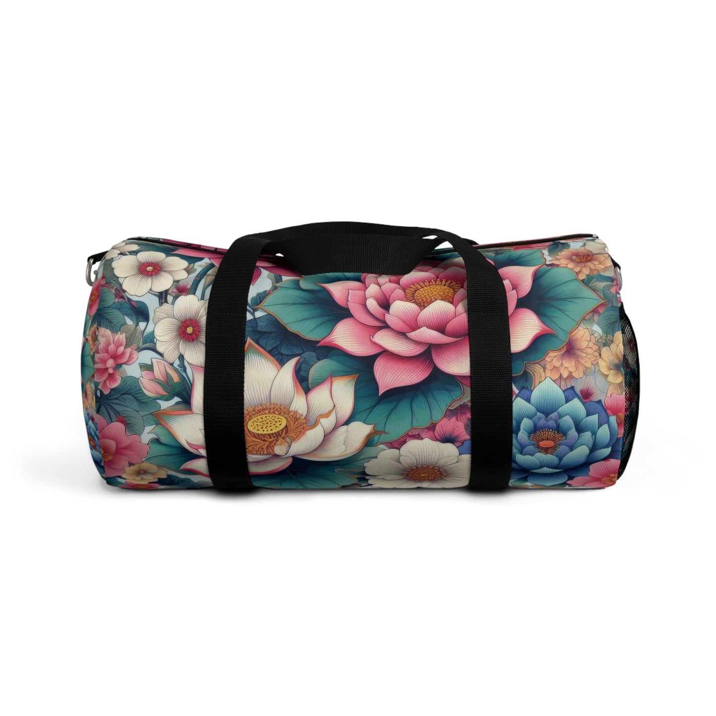 A duffel bag with a vibrant floral pattern featuring large blooms in shades of pink, blue, and white, with green foliage, all set against a dark background. The bag has a black adjustable shoulder strap and black zippers.