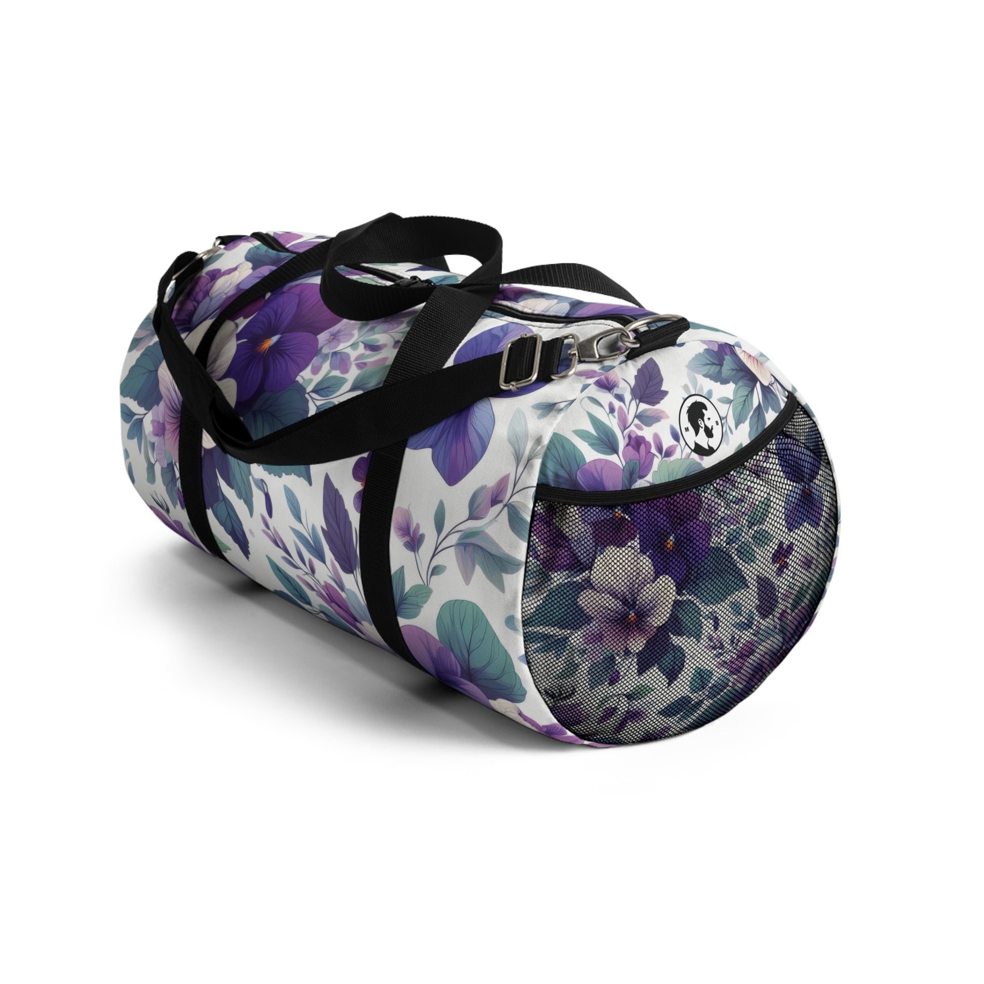 The image shows a cylindrical duffel bag with a floral pattern, featuring a variety of purple flowers and green leaves, complete with black straps for carrying