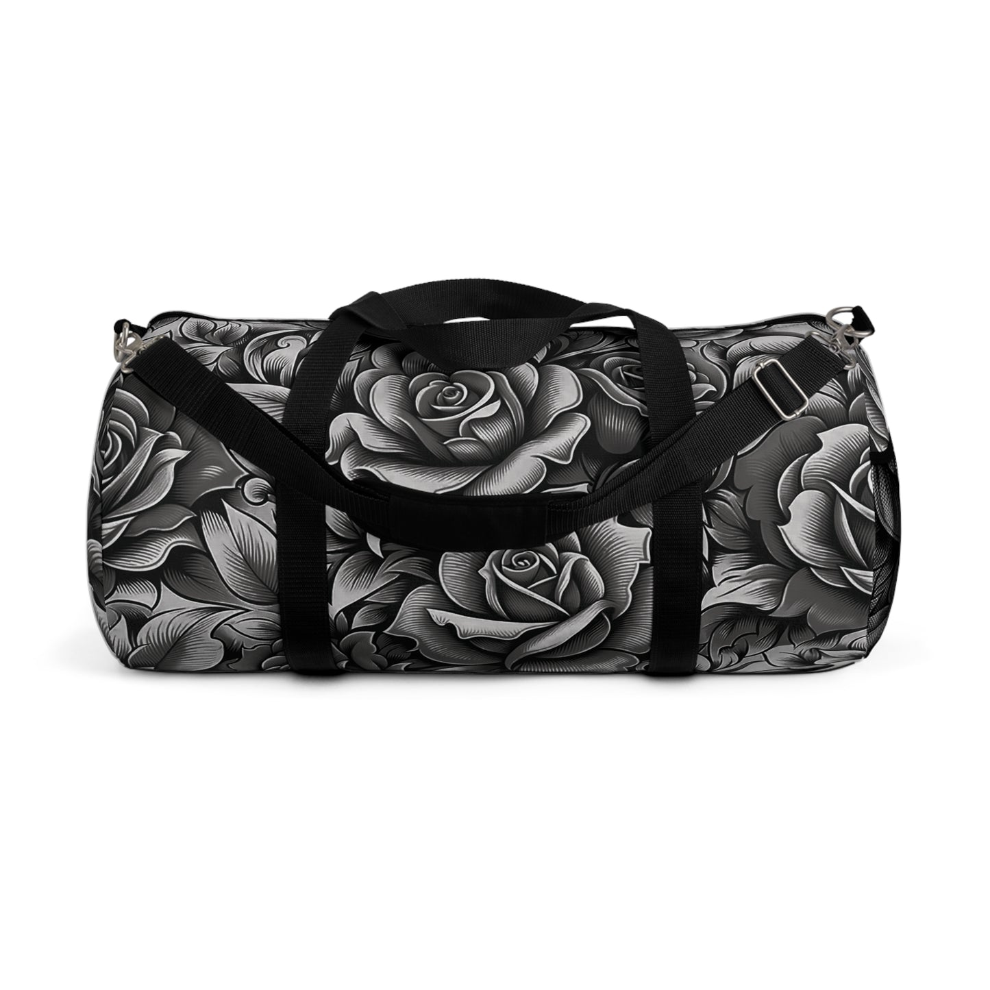 A duffel bag with a monochromatic rose pattern and a black strap.