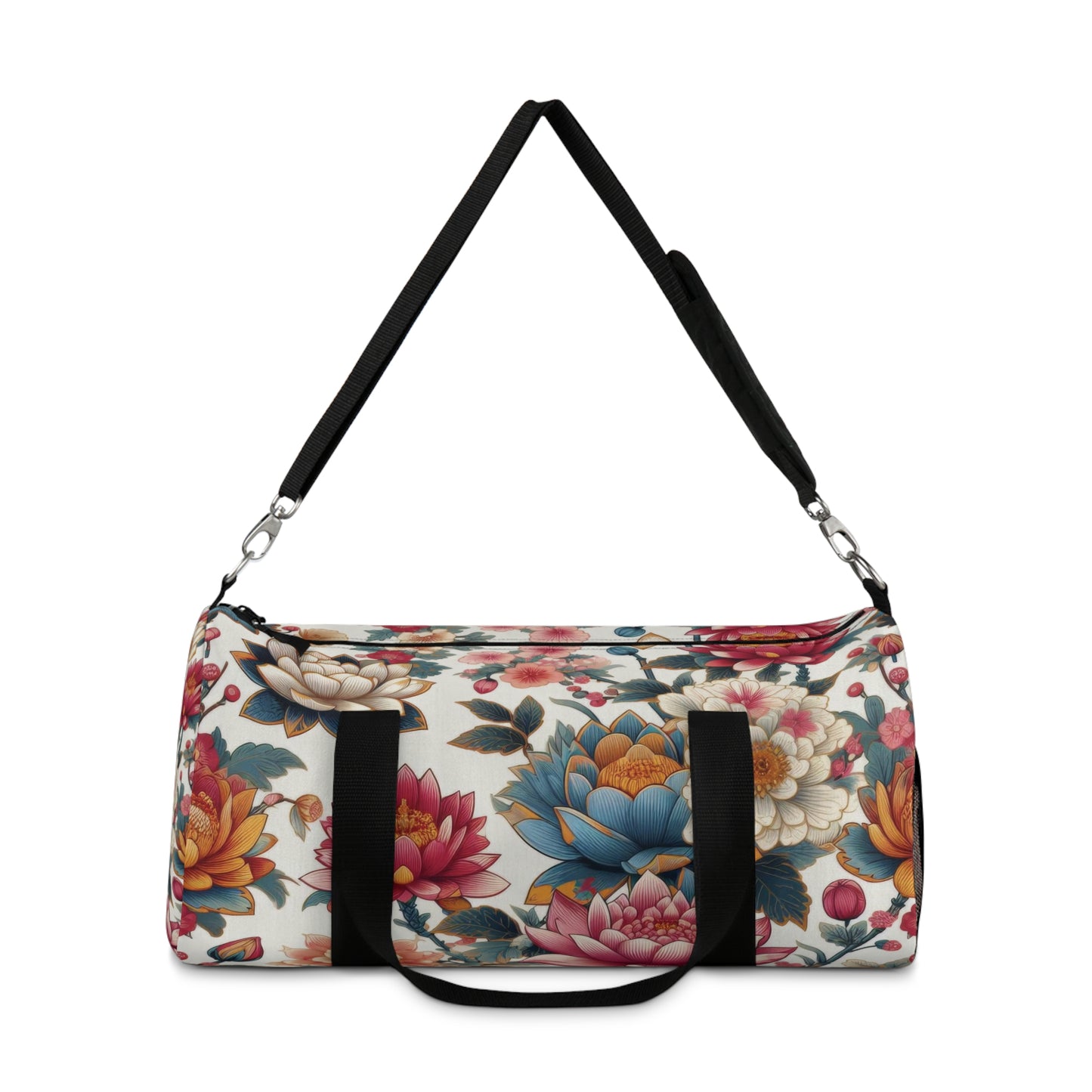 The image shows the Eternal Blossom Duffel Bag with flower print designs.