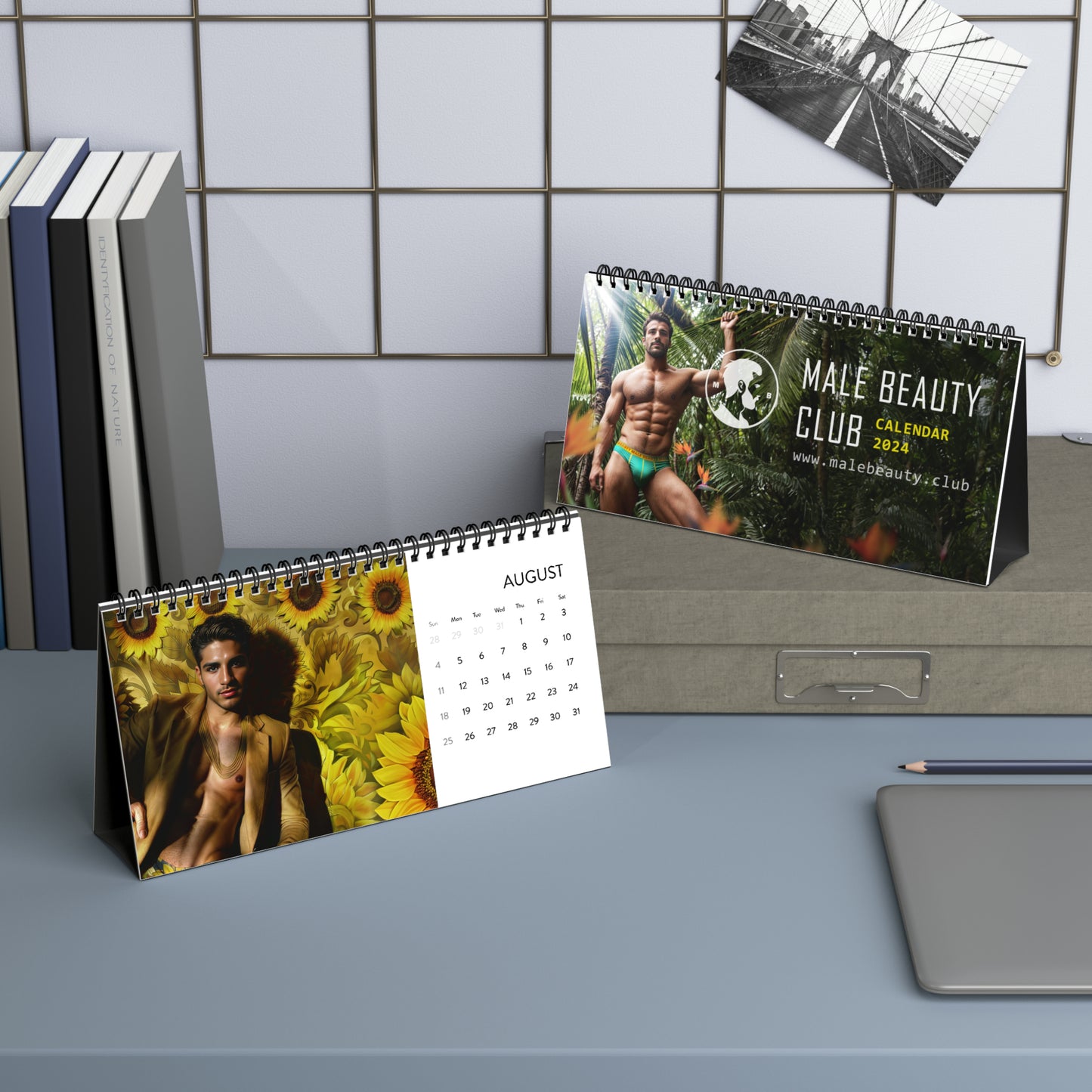 An image of three desk calendars for January, February, and March, each displaying a photograph of a muscular man posing in tropical settings