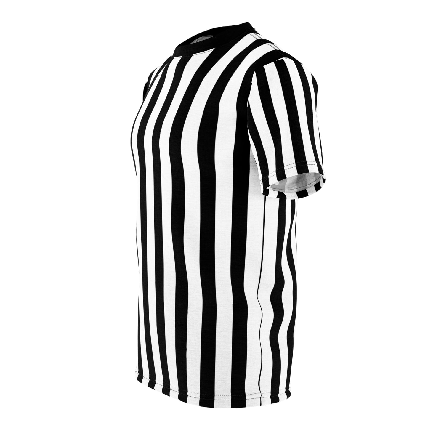 The image features a T-shirt with a bold black and white vertical striped pattern.
