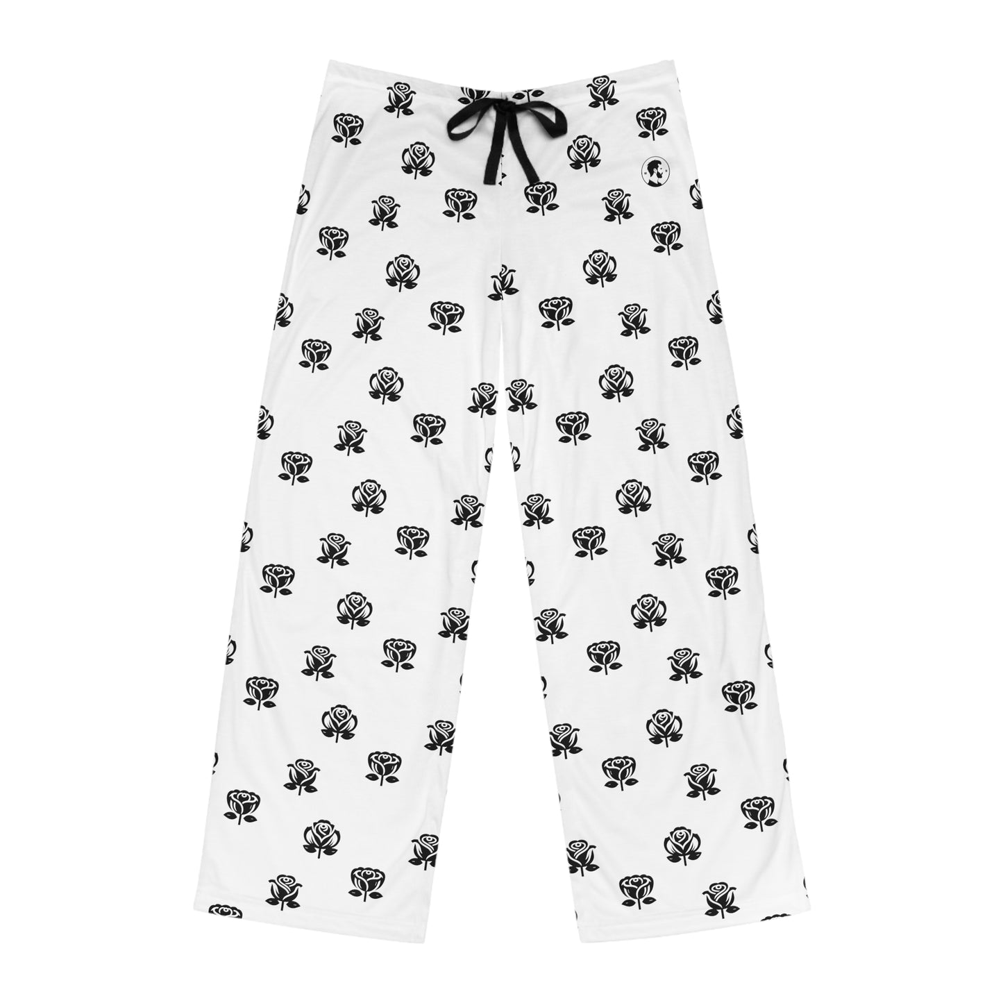 Casual white pajama bottoms decorated with an all-over black rose print, and a contrasting black drawstring at the waist