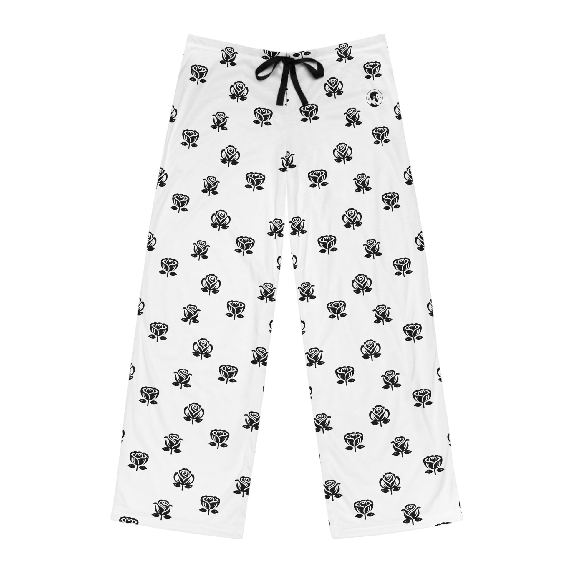 Casual white pajama bottoms decorated with an all-over black rose print, and a contrasting black drawstring at the waist