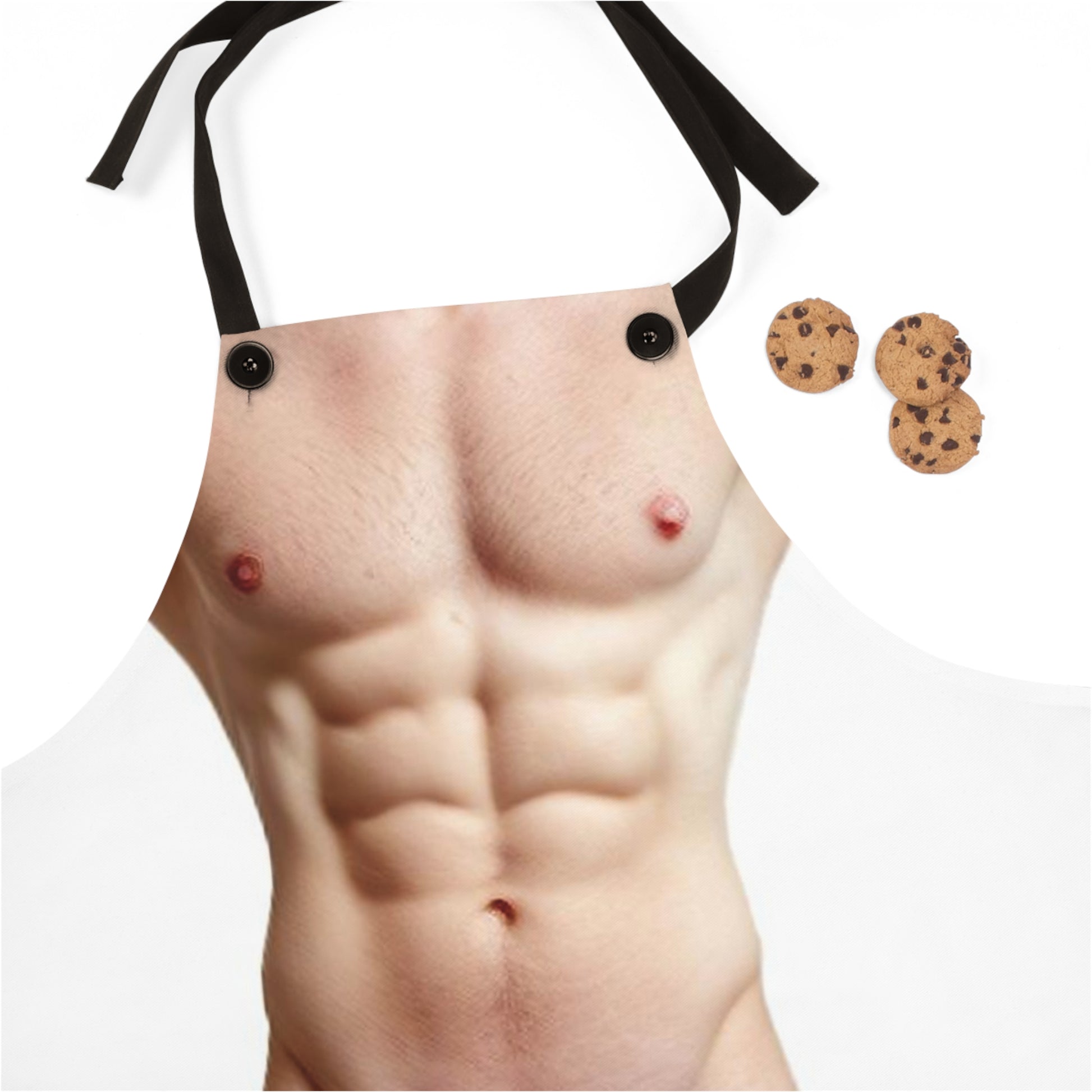 The image depicts a novelty apron with a printed graphic mimicking a male torso and underwear
