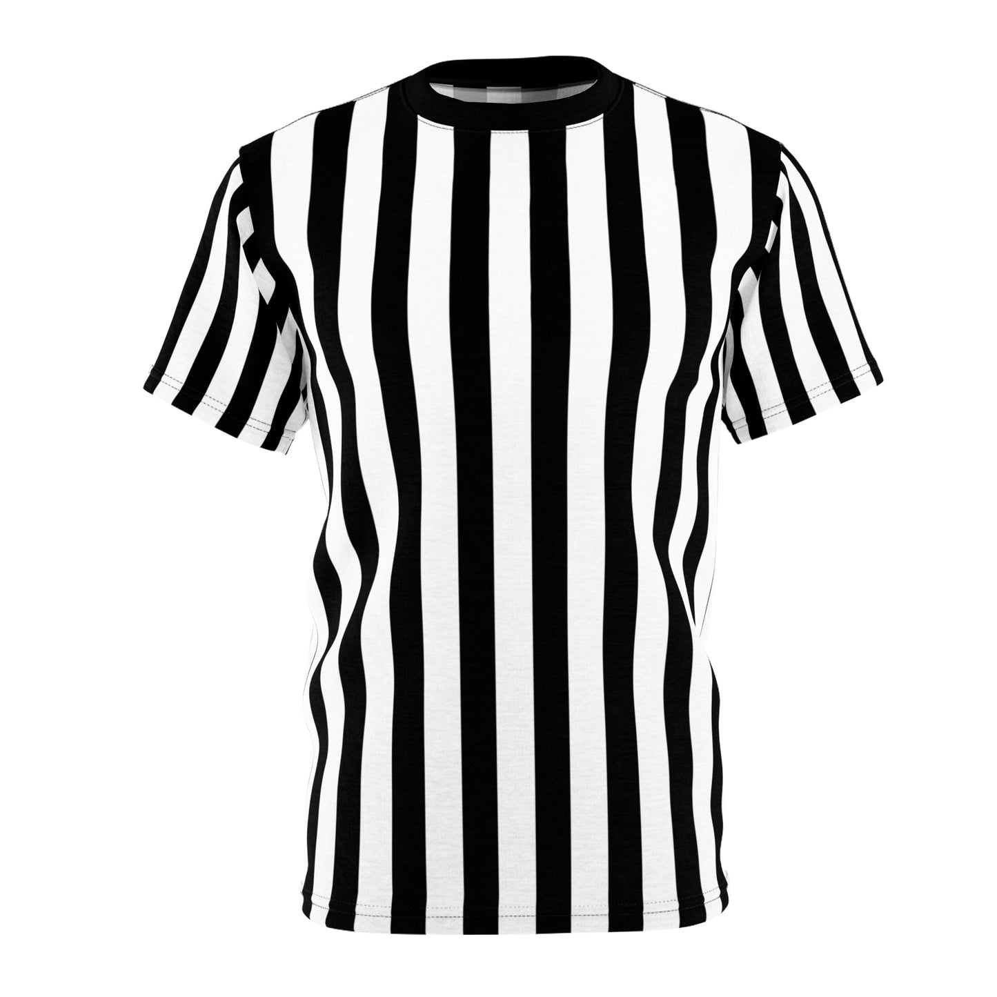 The image features a T-shirt with a bold black and white vertical striped pattern.