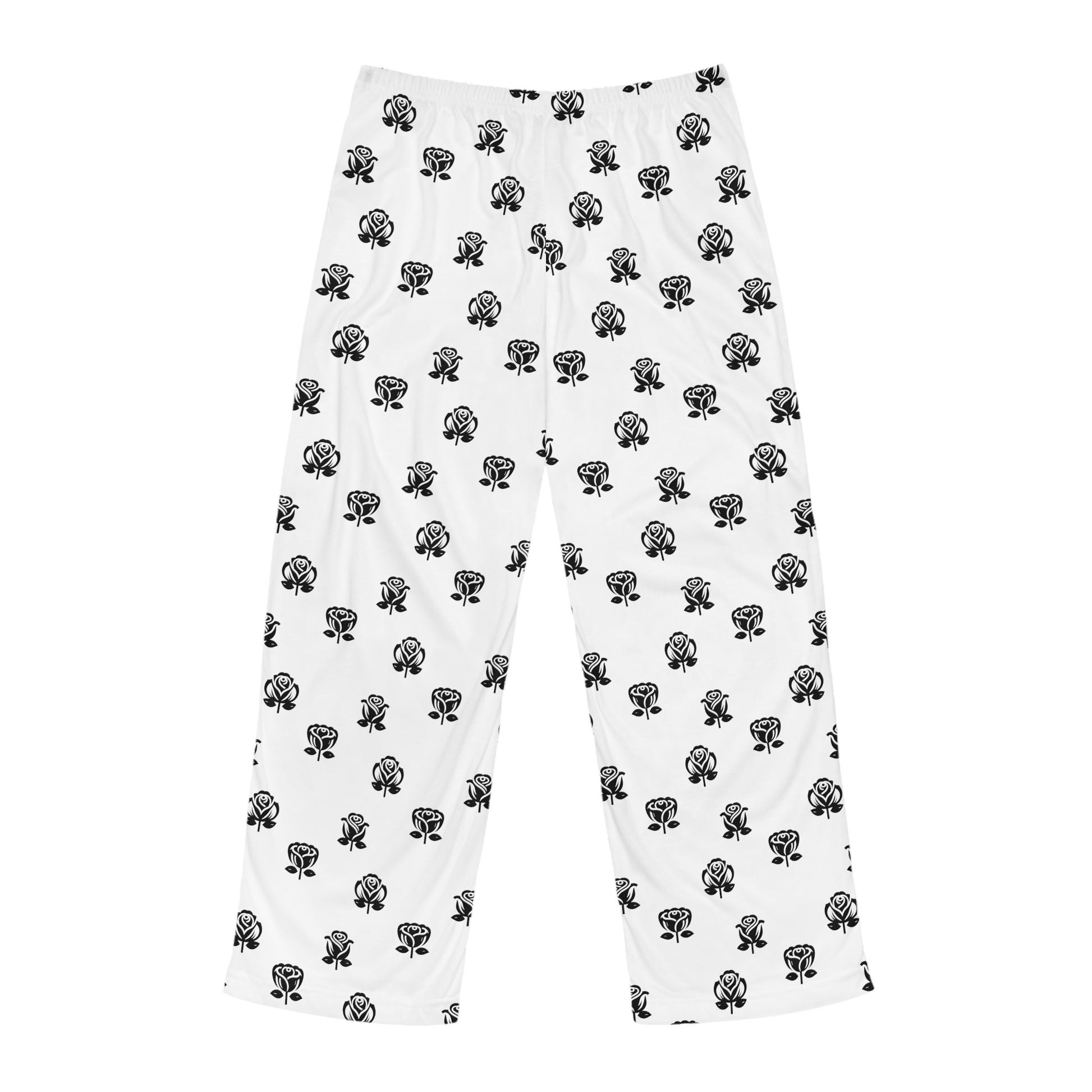 Casual white pajama bottoms decorated with an all-over black rose print, and a contrasting black drawstring at the waist