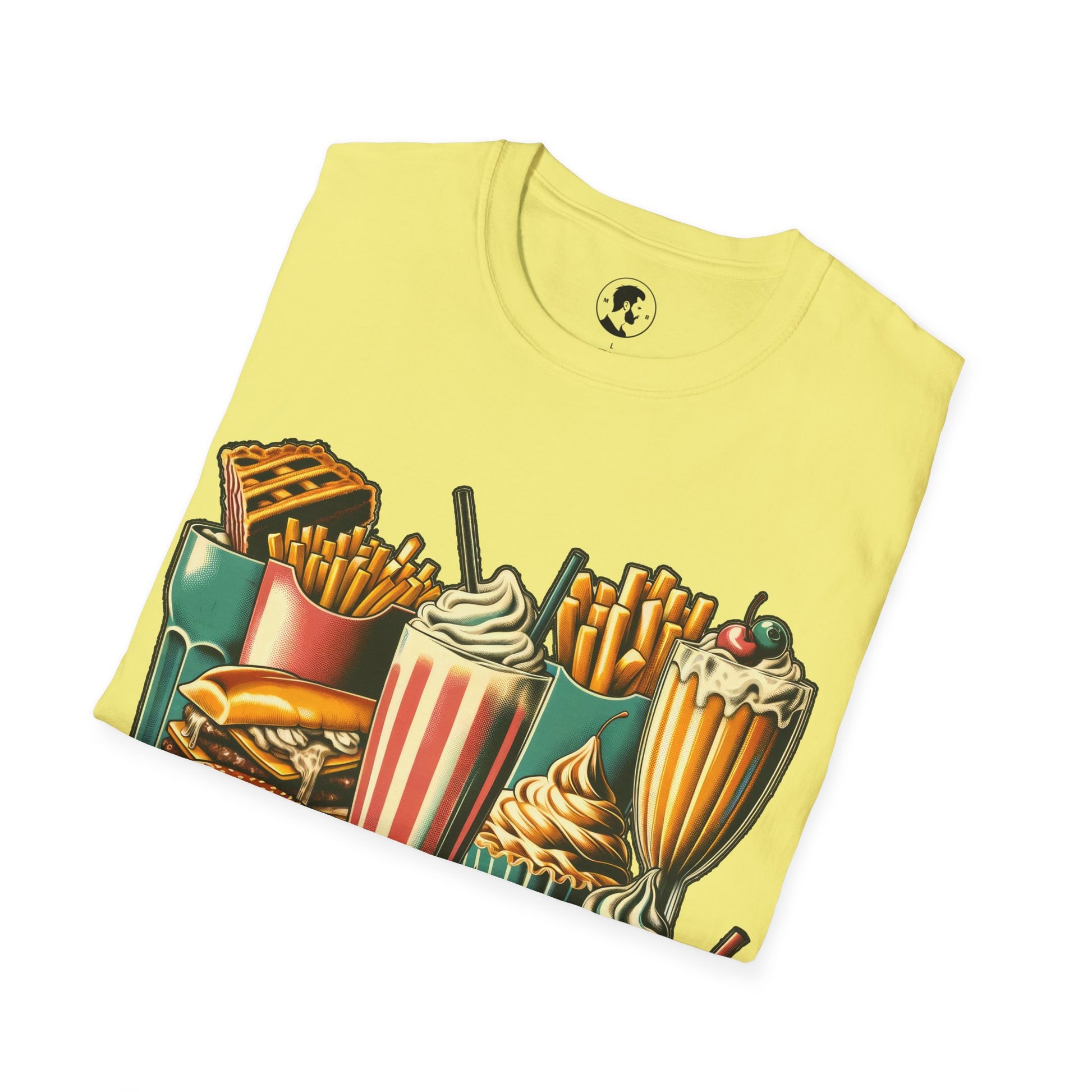 The image shows a T-shirt with a detailed graphic of various fast food items, including a burger, fries, a milkshake, and a cupcake