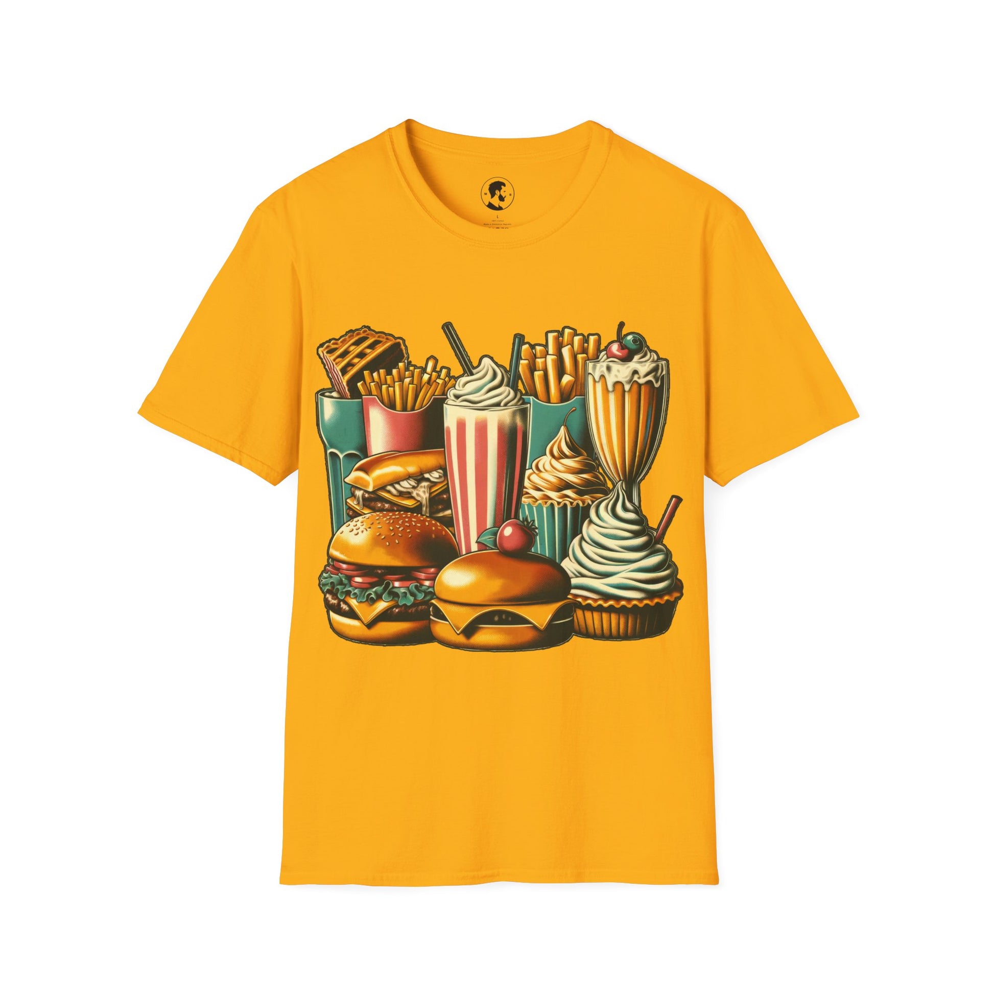 The image shows a T-shirt with a detailed graphic of various fast food items, including a burger, fries, a milkshake, and a cupcake