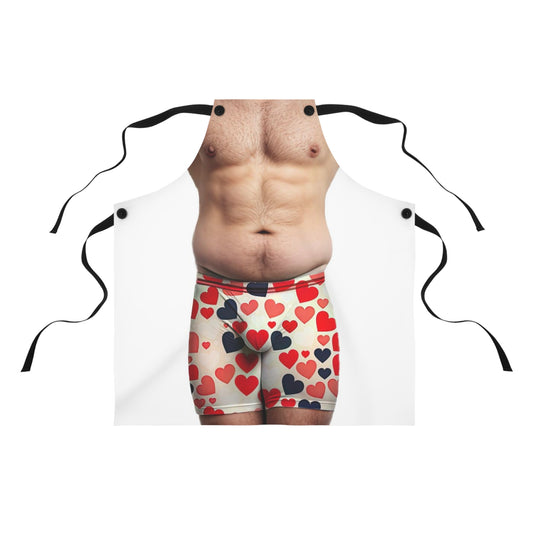 An apron printed with a realistic image of a male torso and underwear with a heart pattern