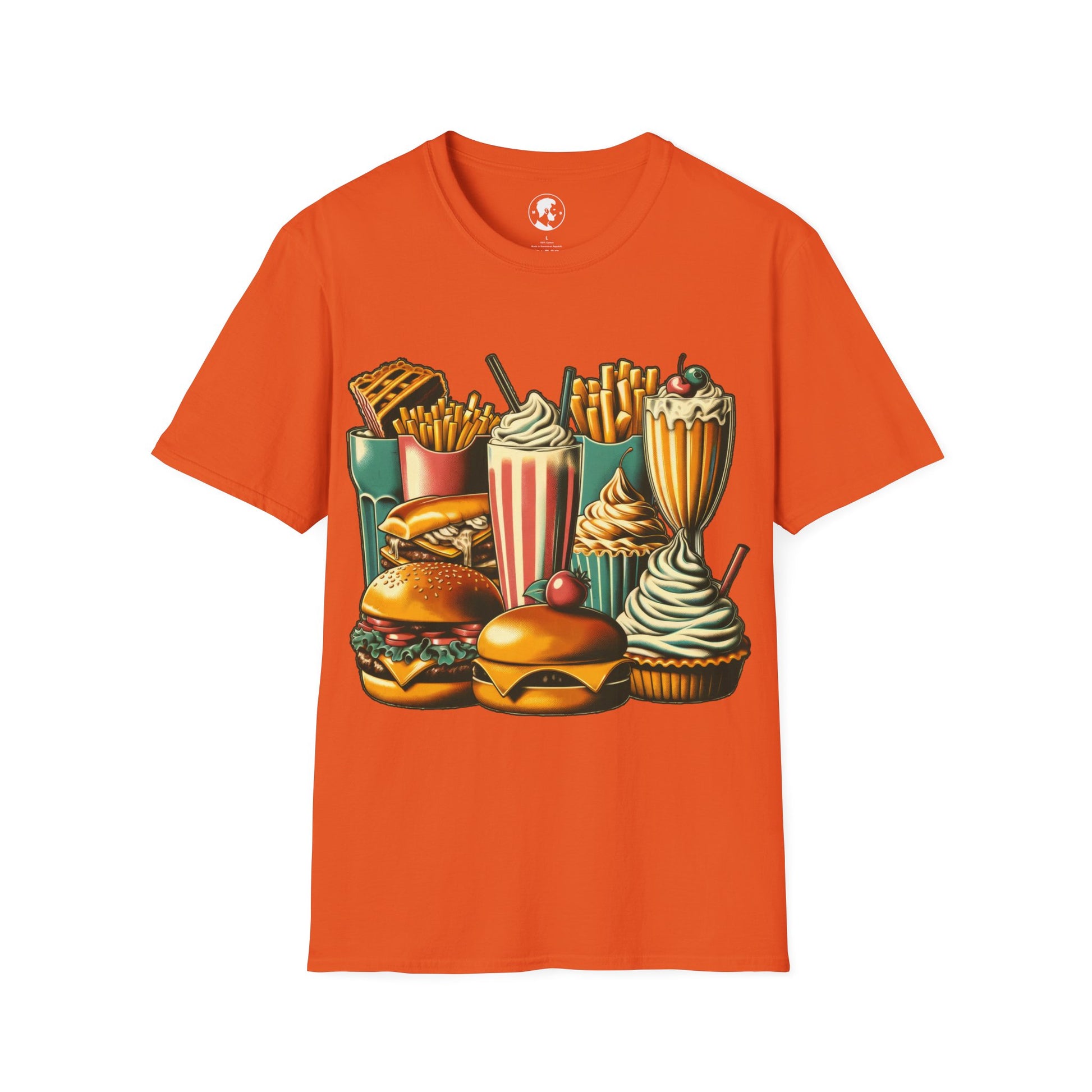 The image shows a T-shirt with a detailed graphic of various fast food items, including a burger, fries, a milkshake, and a cupcake