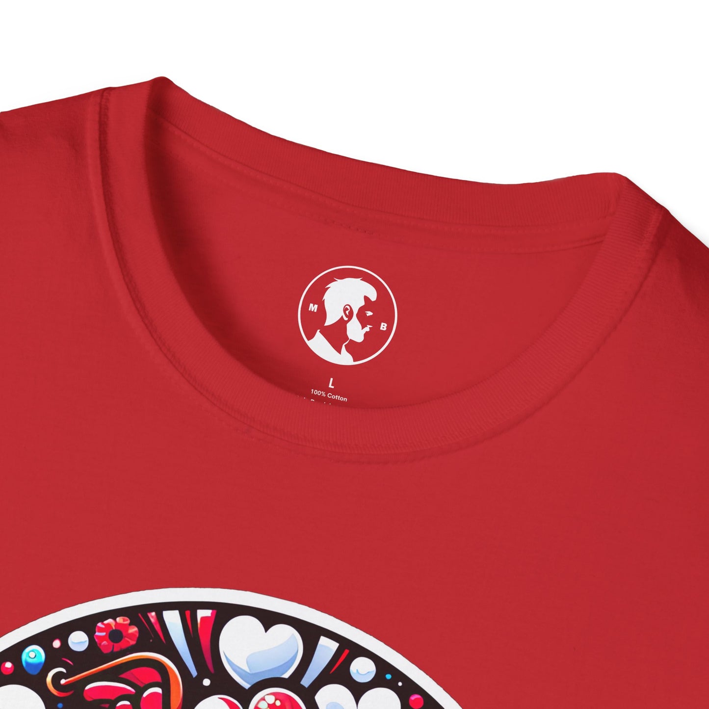 The image shows a T-shirt with a round, ornate graphic that reads "SINGLE AND AVAILABLE FOR VALENTINE'S," surrounded by heart and floral patterns