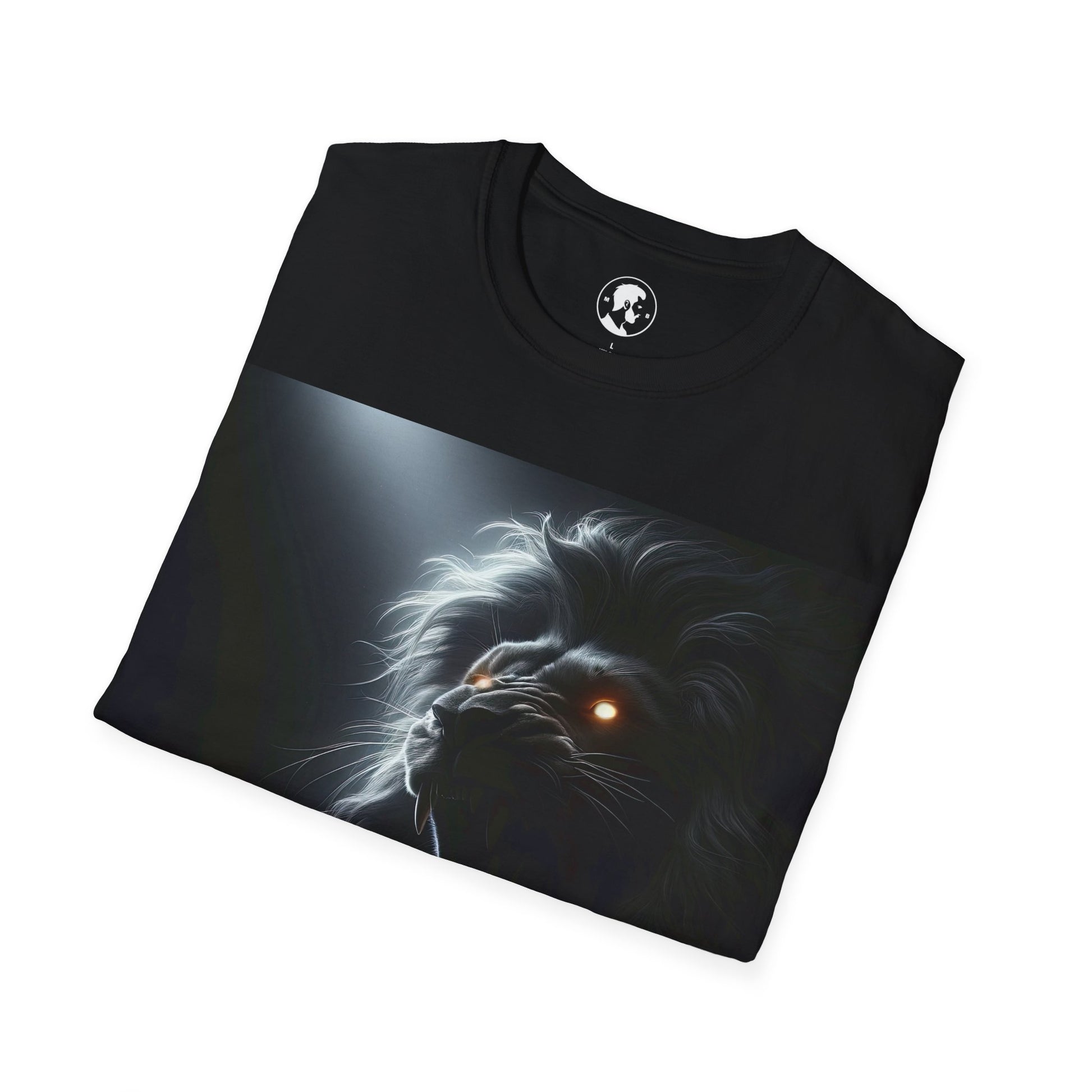 A t-shirt with a graphic of a roaring lion with glowing orange eyes on the front