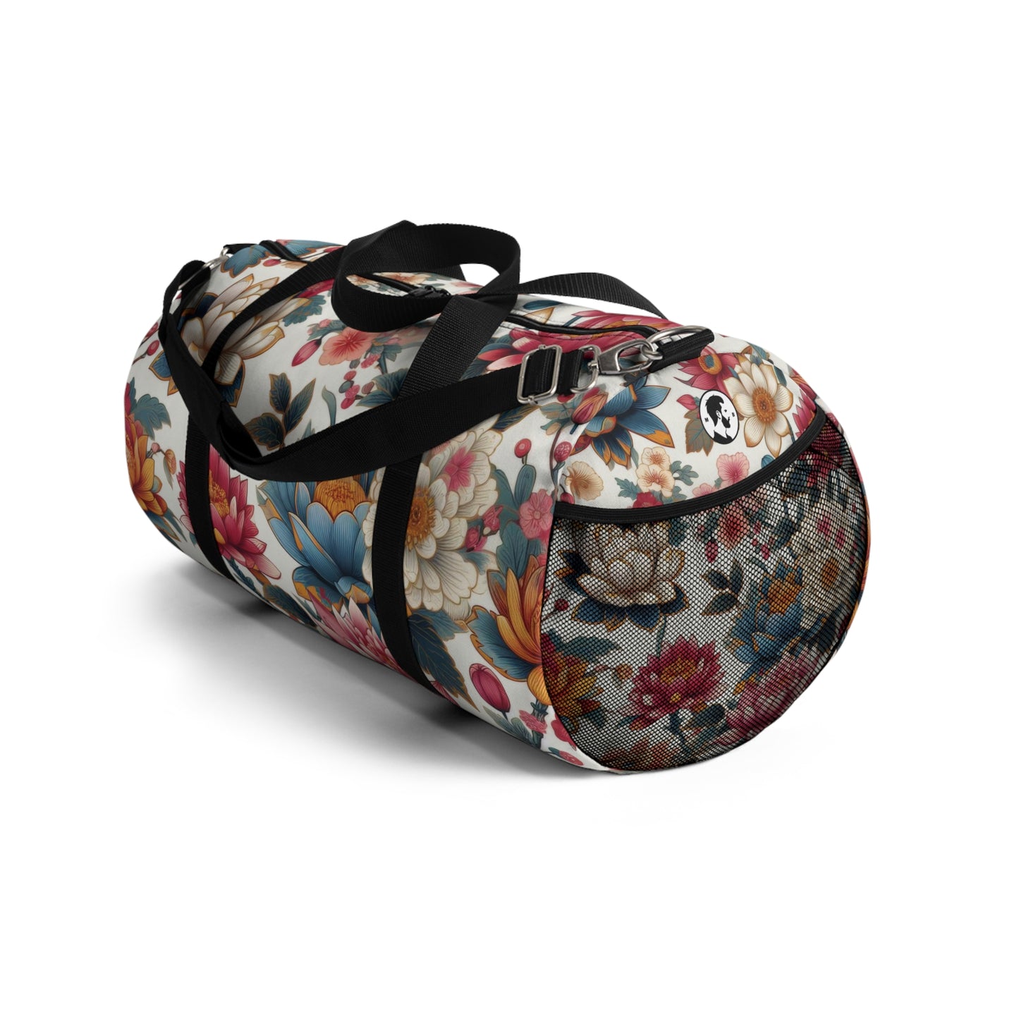 The image shows the Eternal Blossom Duffel Bag with flower print designs.