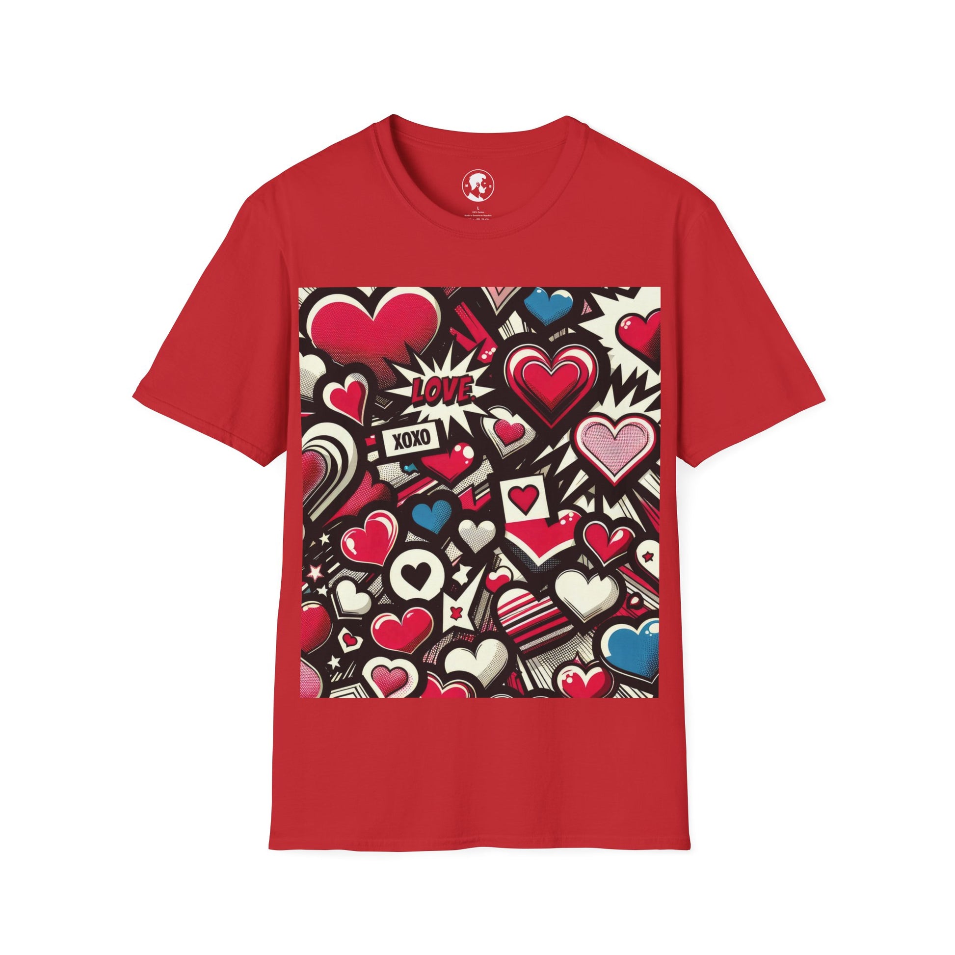 A red T-shirt with a graphic print of various hearts in different styles and sizes, along with the words "LOVE" and "XOXO" amidst starburst and striped patterns