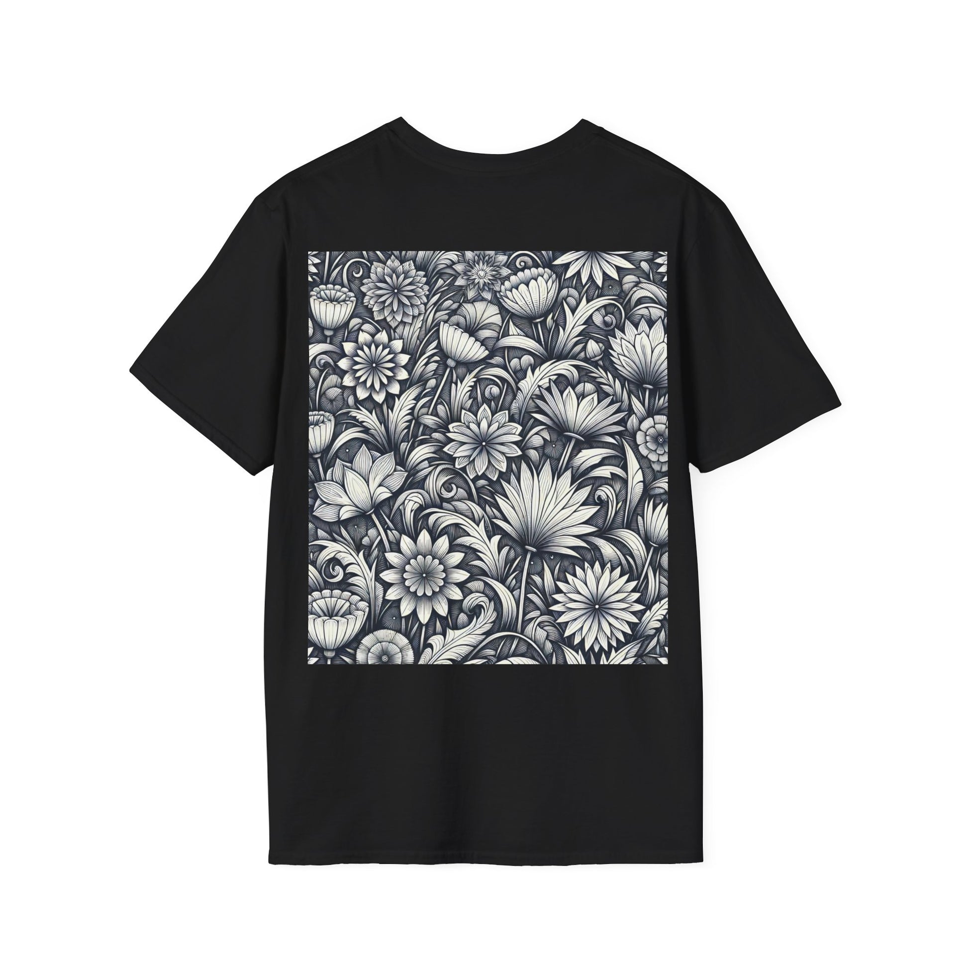 An artistic black crew neck t-shirt showcasing a dense floral design in black and white that covers the chest area above a plain black base