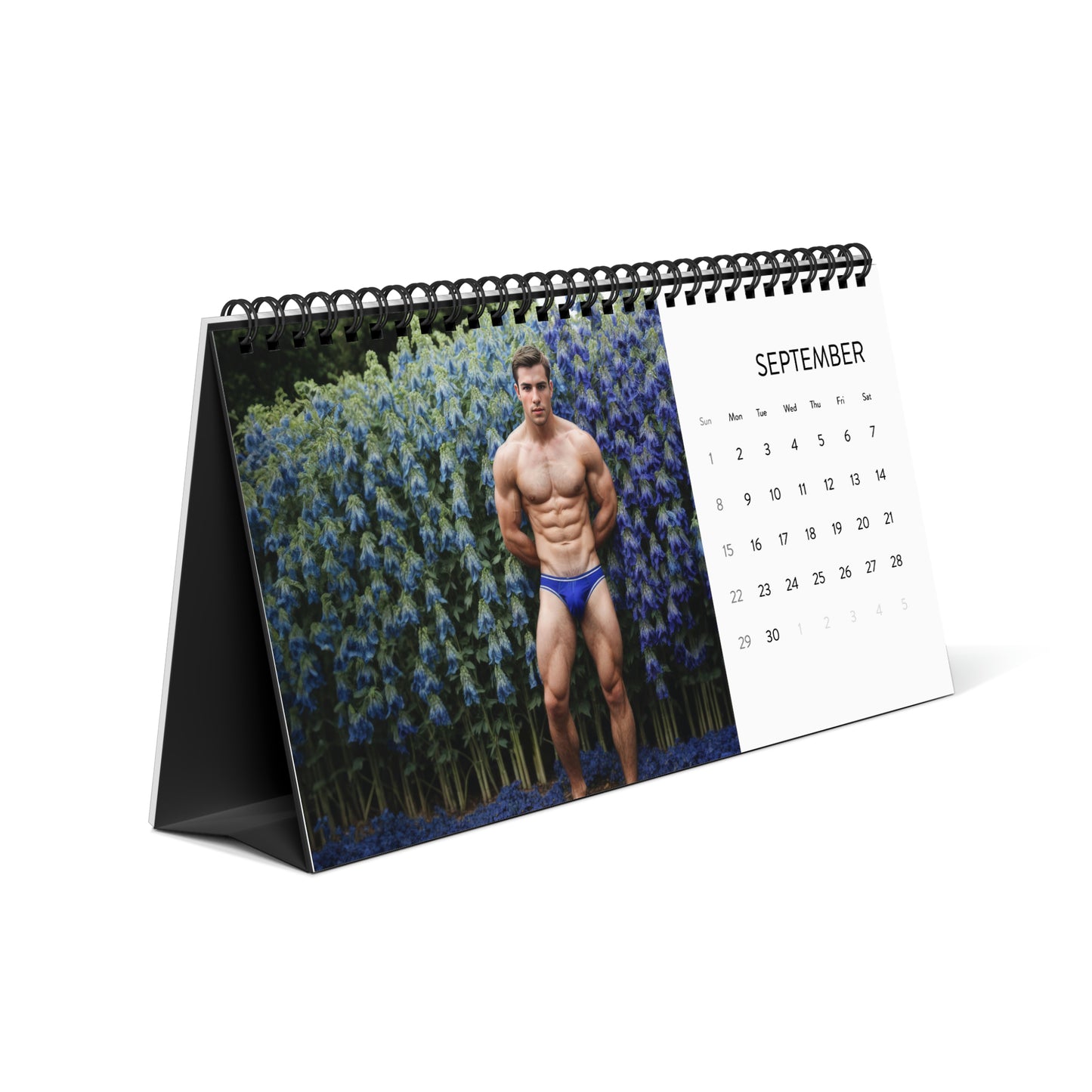 An image of three desk calendars for January, February, and March, each displaying a photograph of a muscular man posing in tropical settings