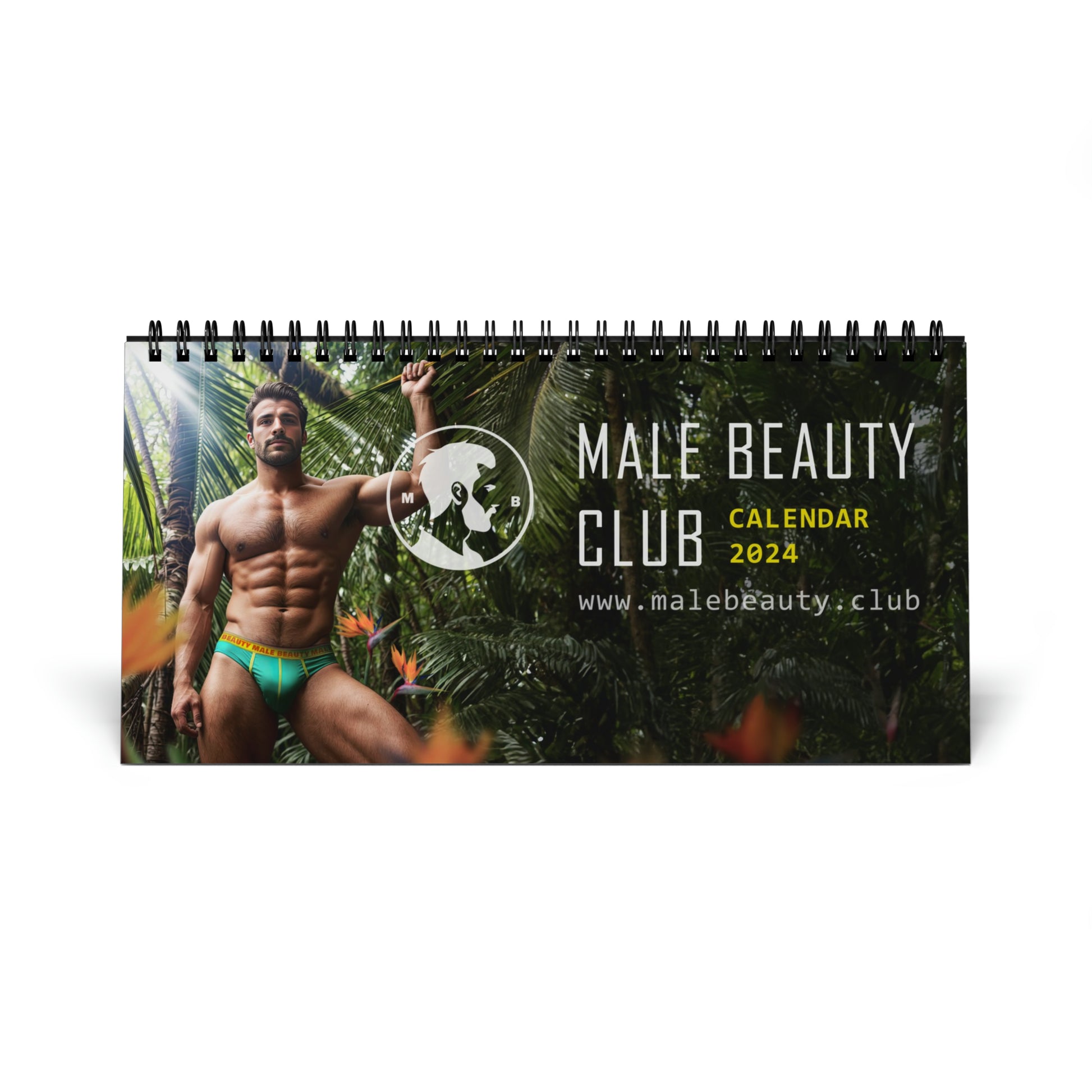 An image of three desk calendars for January, February, and March, each displaying a photograph of a muscular man posing in tropical settings