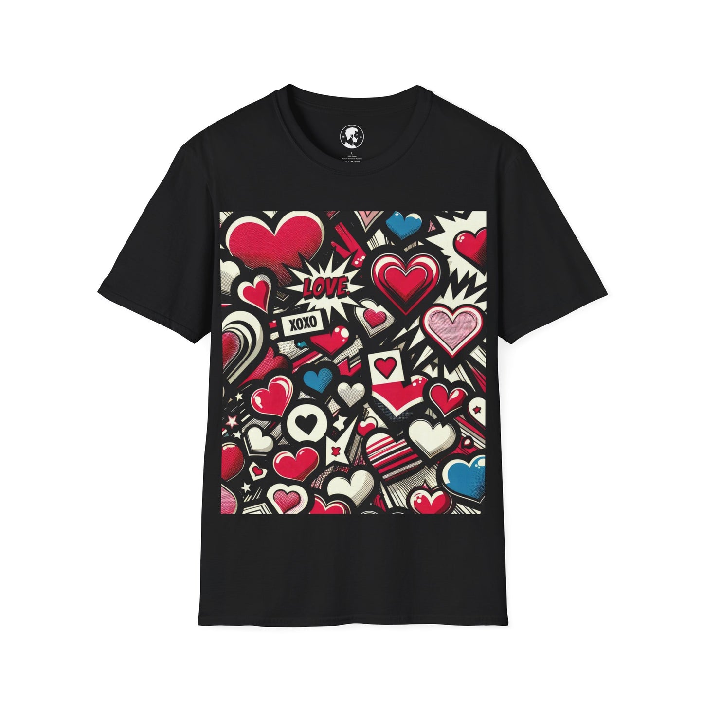 A red T-shirt with a graphic print of various hearts in different styles and sizes, along with the words "LOVE" and "XOXO" amidst starburst and striped patterns