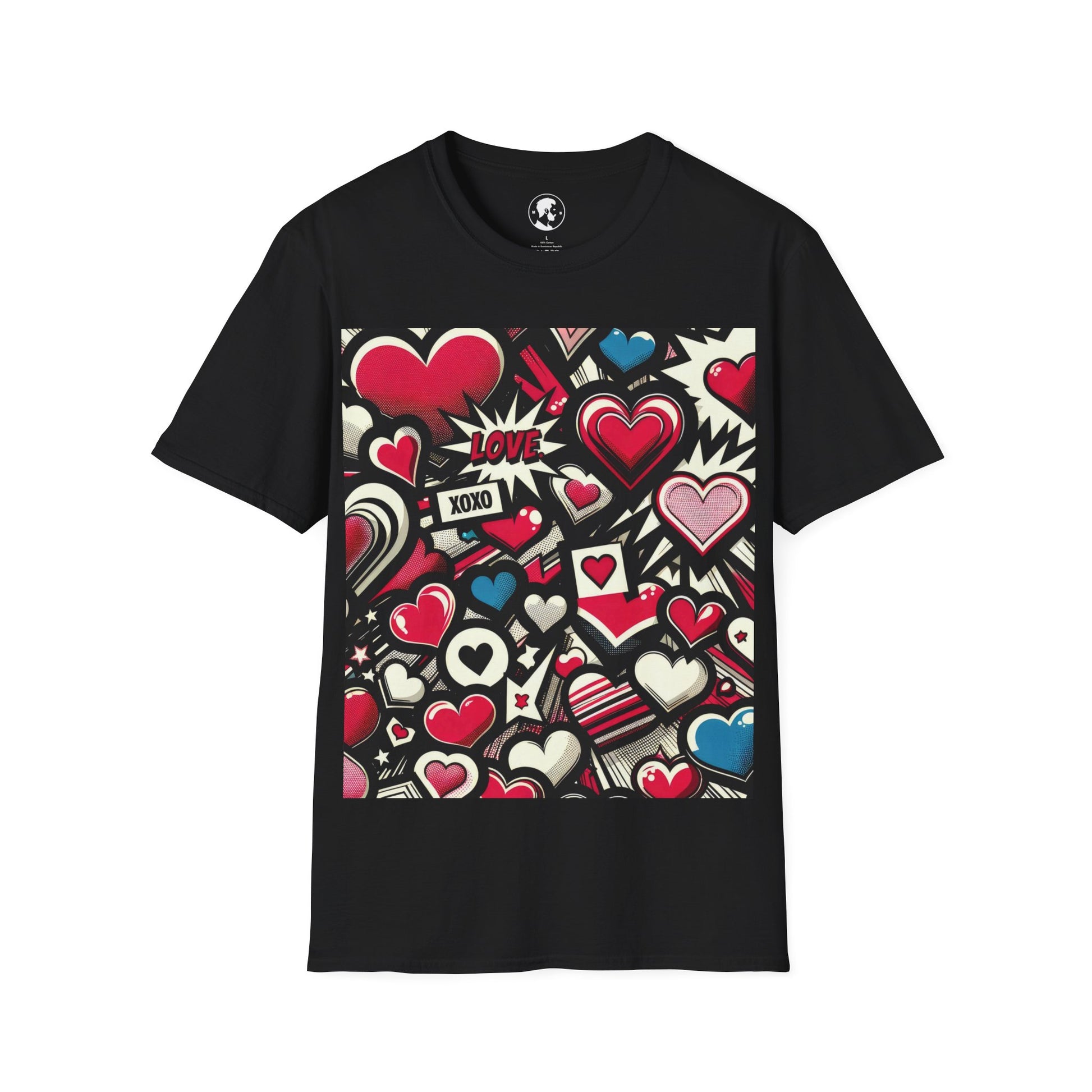 A red T-shirt with a graphic print of various hearts in different styles and sizes, along with the words "LOVE" and "XOXO" amidst starburst and striped patterns